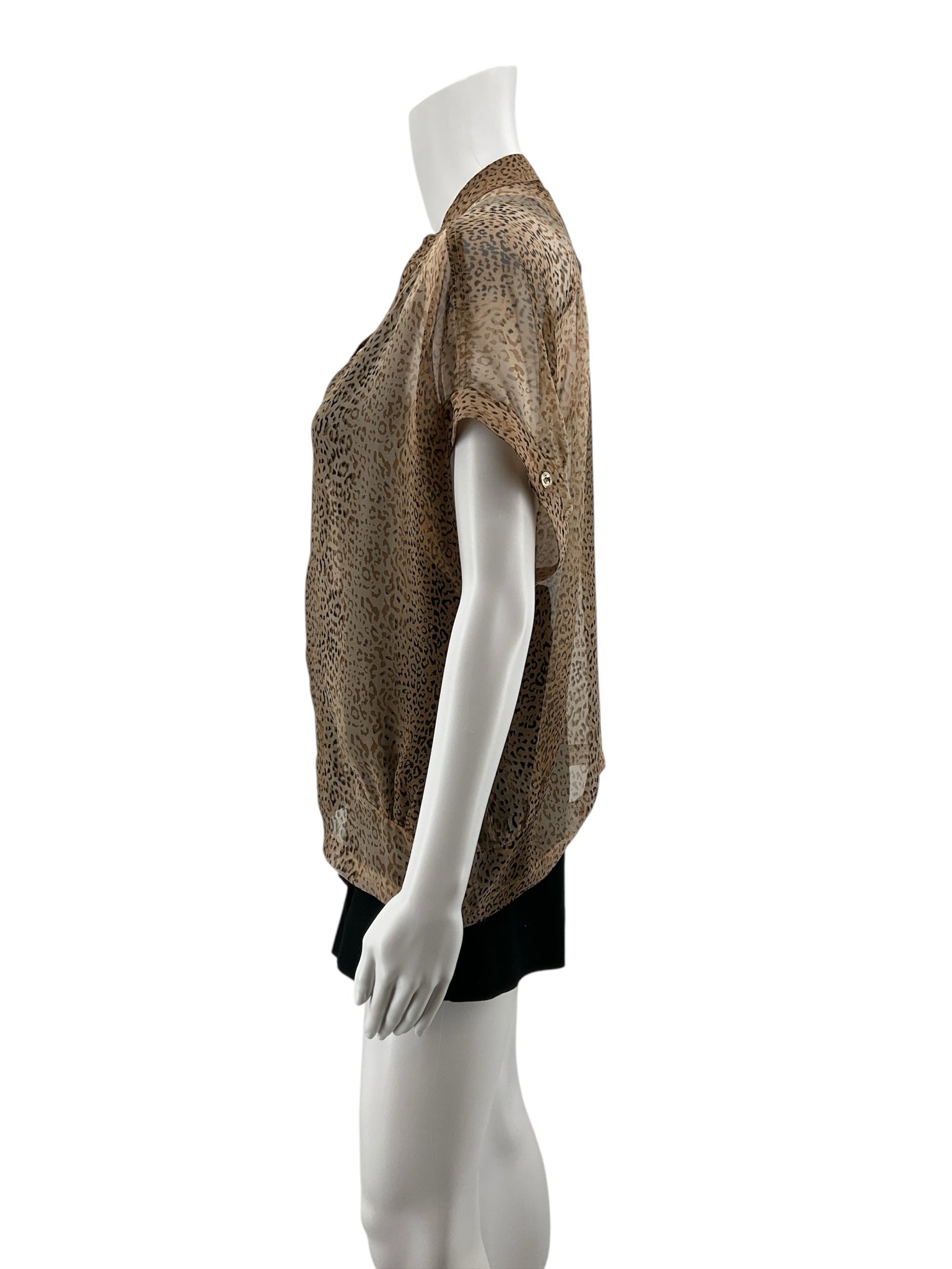 Blu Pepper Leopard Print Sheer Roll Tab Sleeve Blouse Top Brown Size Large