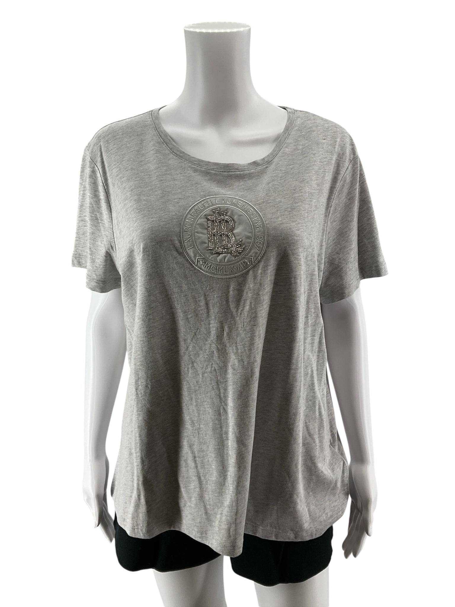 Lauren Ralph Lauren Gray Beaded Neck T-Shirt Top Size XL NWT