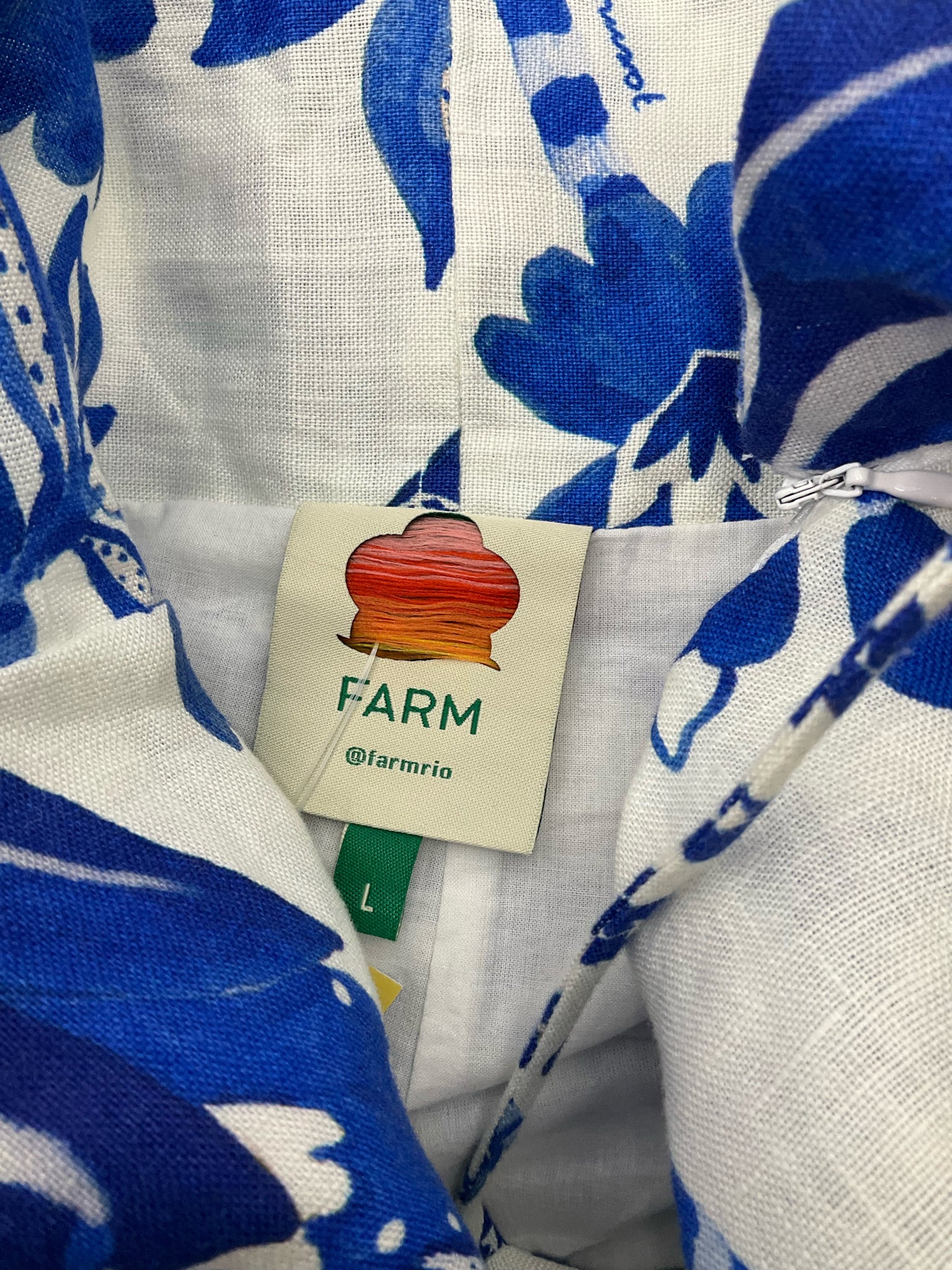 FARM Rio blue/white A-Line Farm Blue/White Birds Pre-Owned Ladies Dress - Size Large - Size L