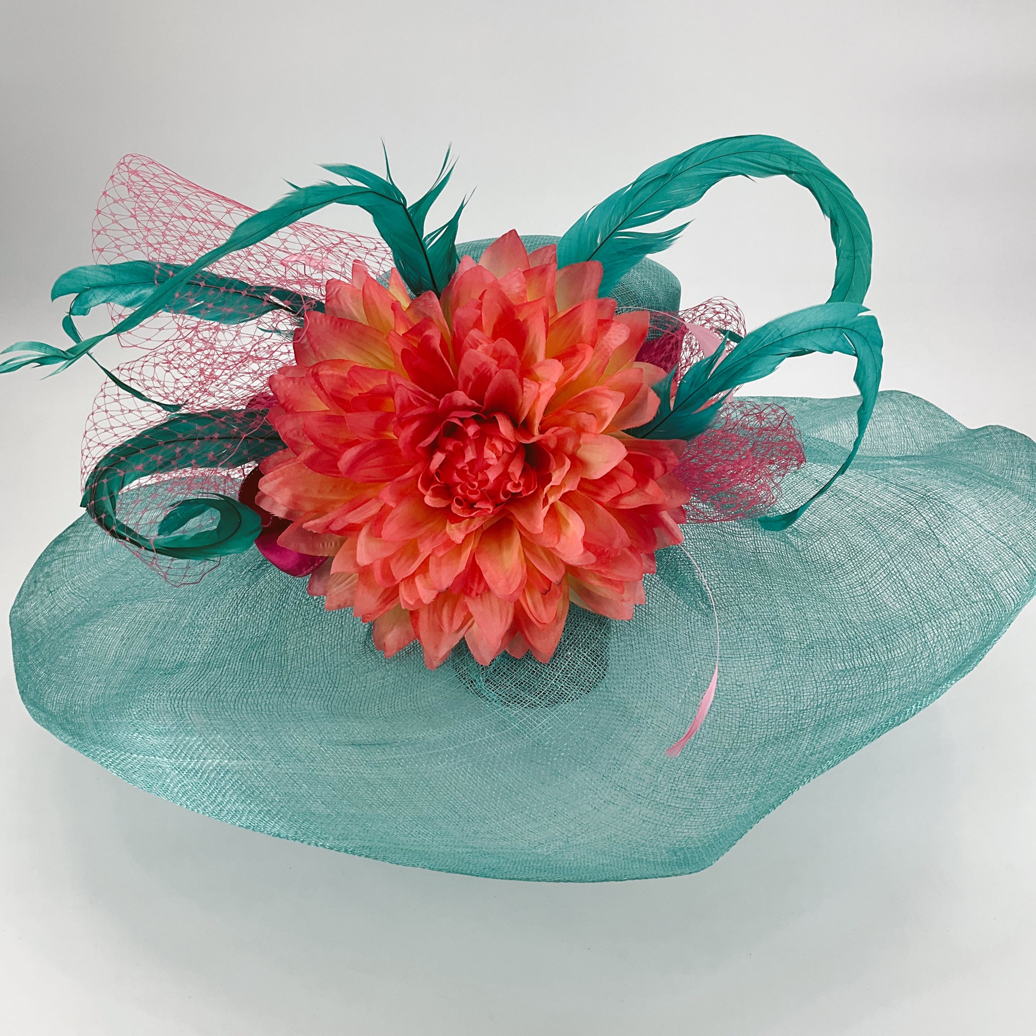 Dees Crafts Turquoise/Coral/Pink Flower Derby Hat