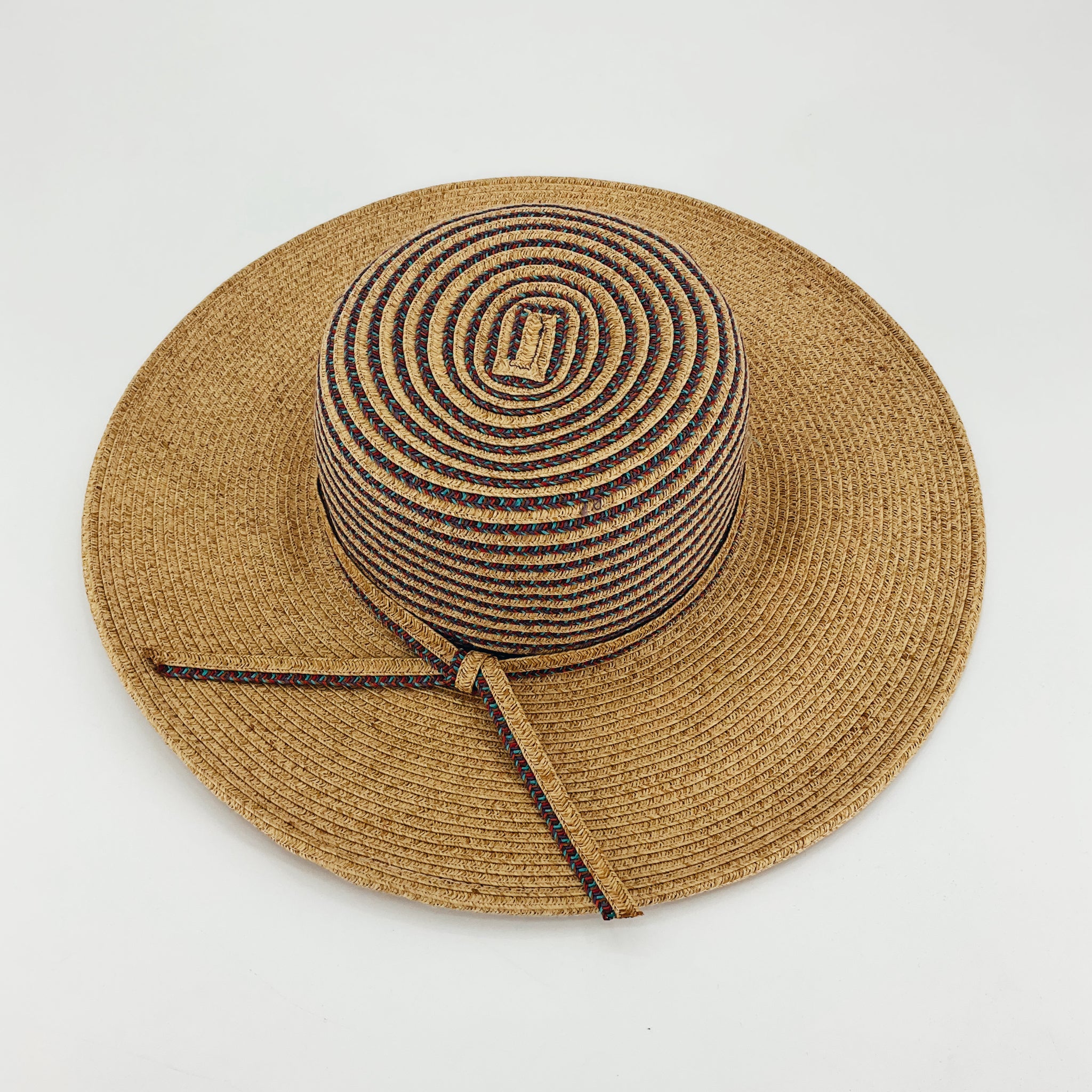 Straw Studios Tan Woven Sun Hat with Pink & Aqua Braid | NWT