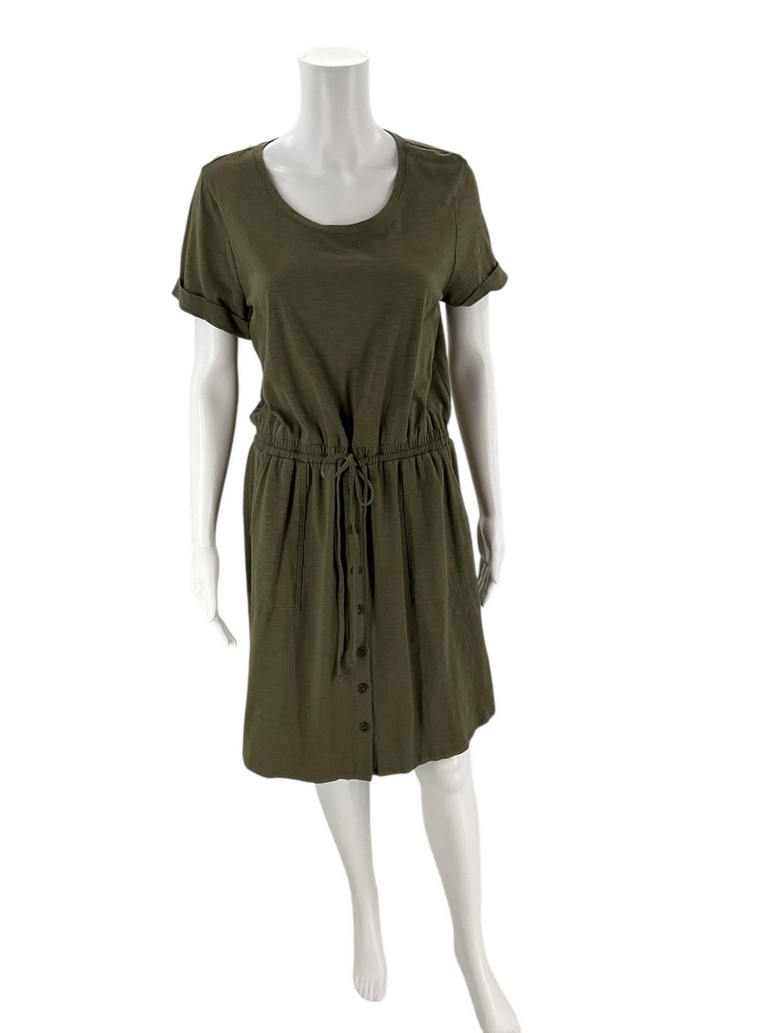 Front view of J Jill Army Green Dress Size Small with short sleeves and drawstring waist, gently used at Margaret's Fine Consignments.