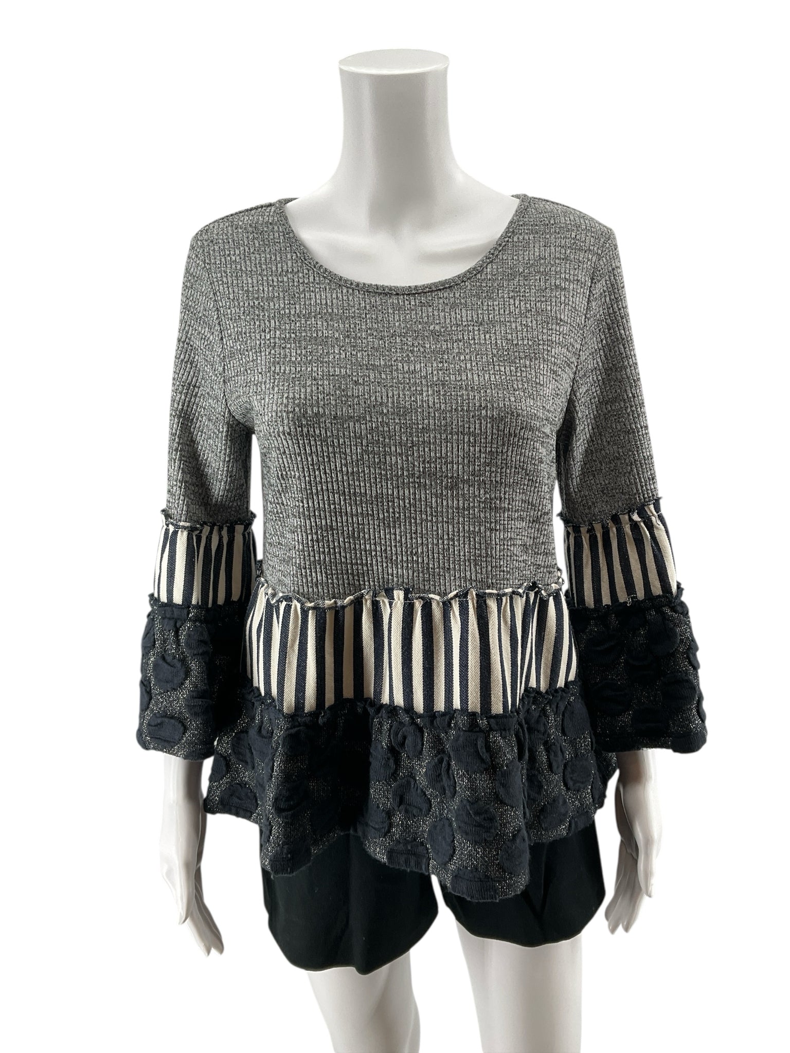 THML Mixed Media Striped Tiered Bell Sleeve Top Size Small