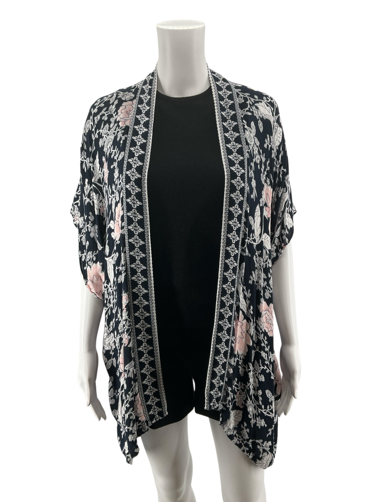 LOFT Floral Kimono Shrug Open Front Cardigan Navy Pink XS/S