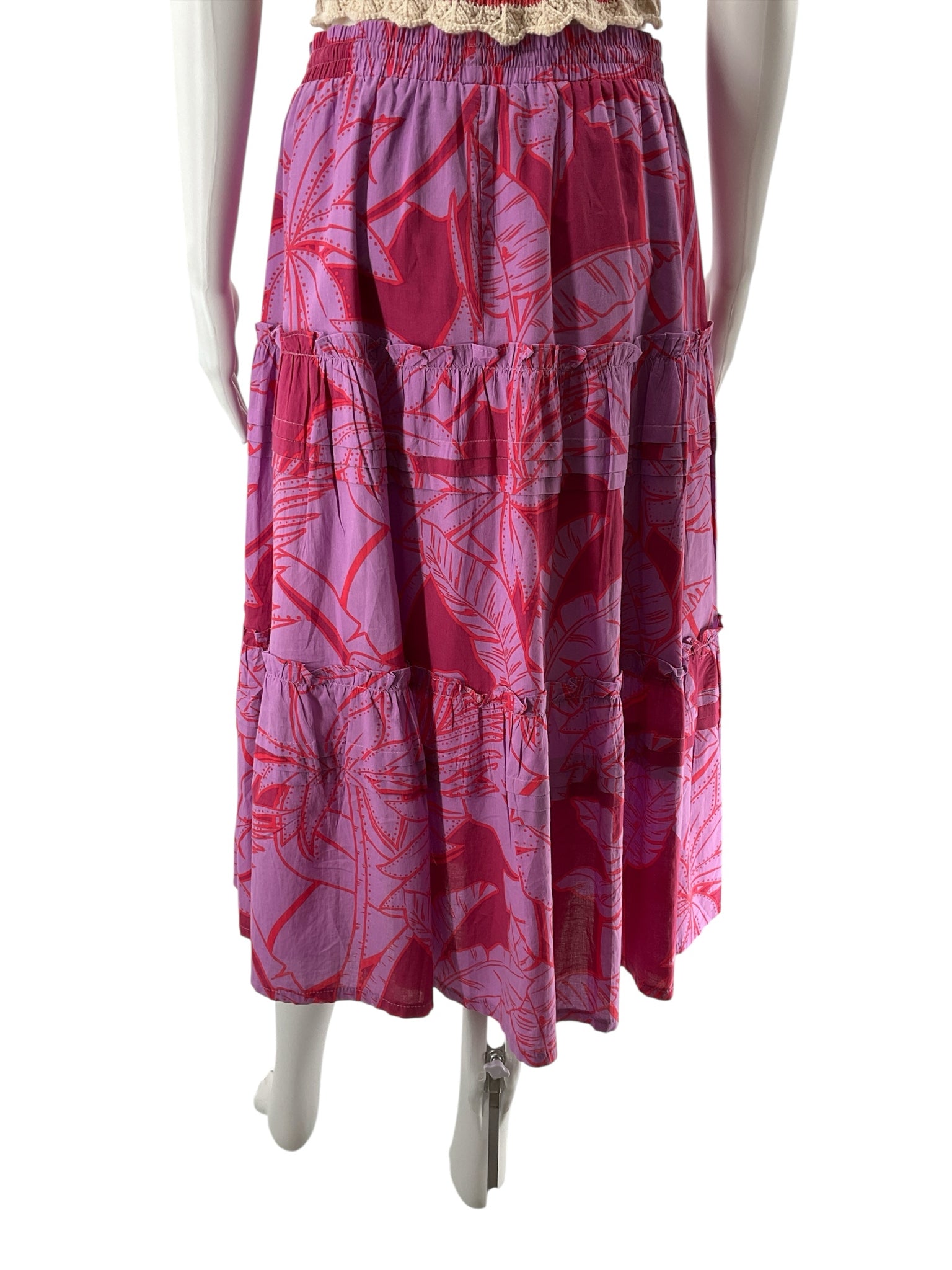 Pinch Tiered Tropical Leaf Print Cotton Maxi Skirt Size Large