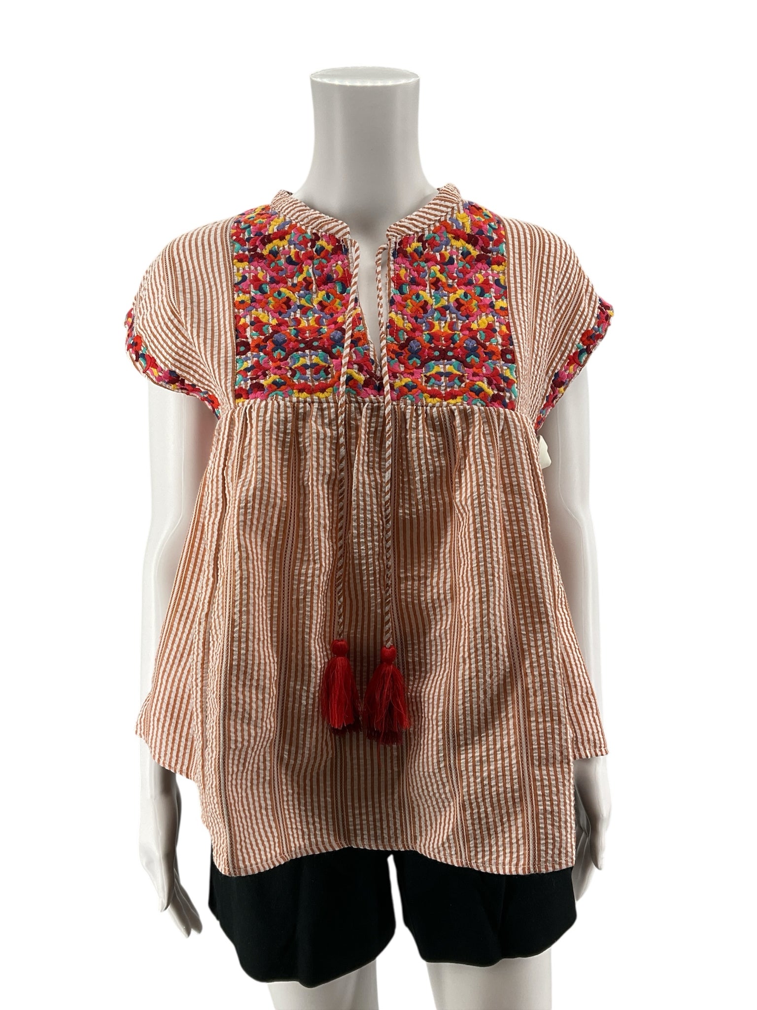 THML Striped Embroidered Tassel Tie Boho Peasant Top Size XS