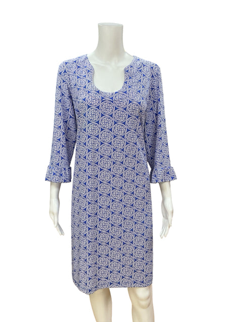 Katherine Way Amalfi Medallion Print Dress Blue White 3/4 Sleeve XL