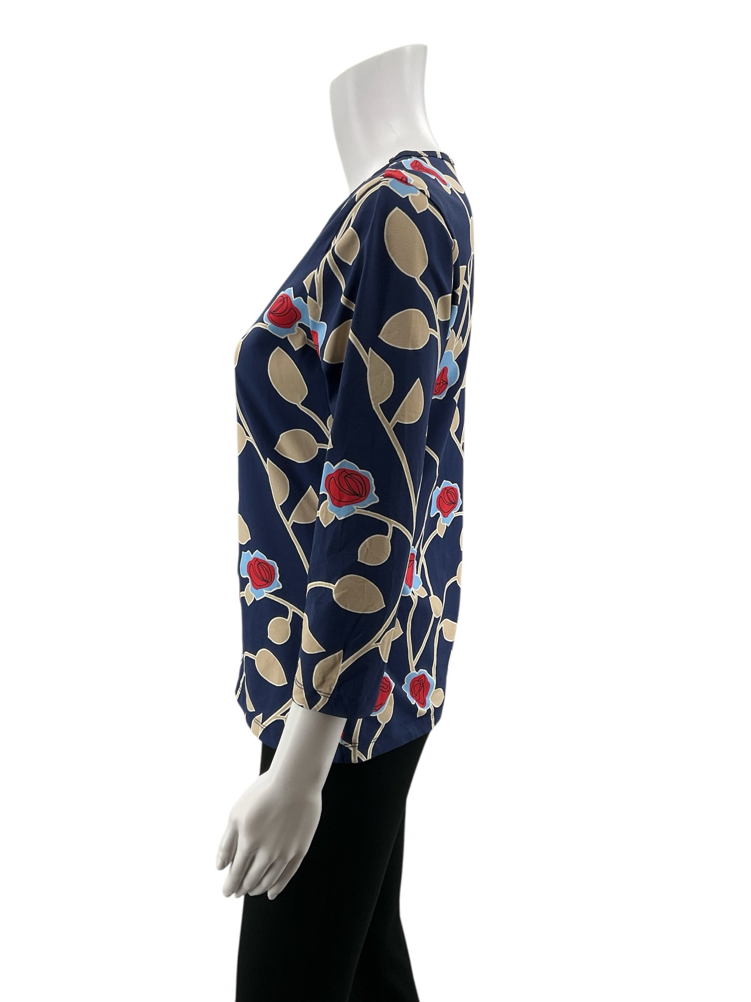 J. McLaughlin Catalina Cloth Floral Top Navy Red Tan 3/4 Sleeve Size Medium