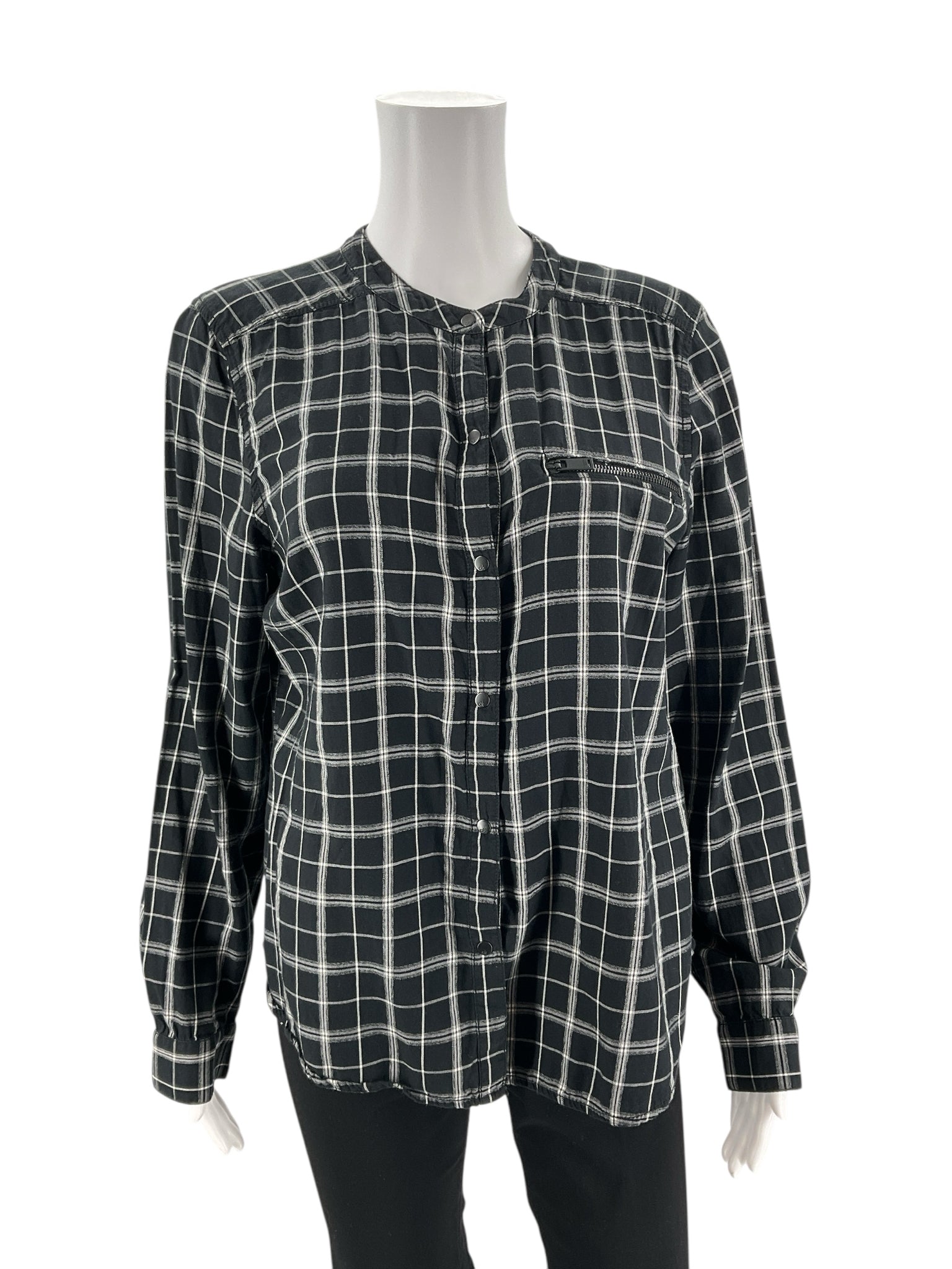 Calvin Klein black and white plaid pre-owned casual top for ladies, size large, featuring a relaxed fit and stylish design.