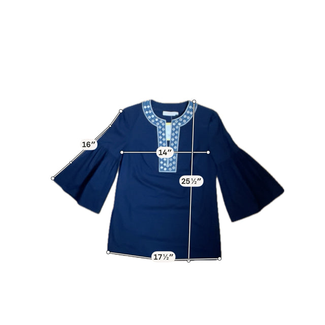 Tory Burch Navy 3/4 Sleeve Harper Tunic Navy Blue Mirror Embroidered Bell Sleeve Top Size 2 - Size 2