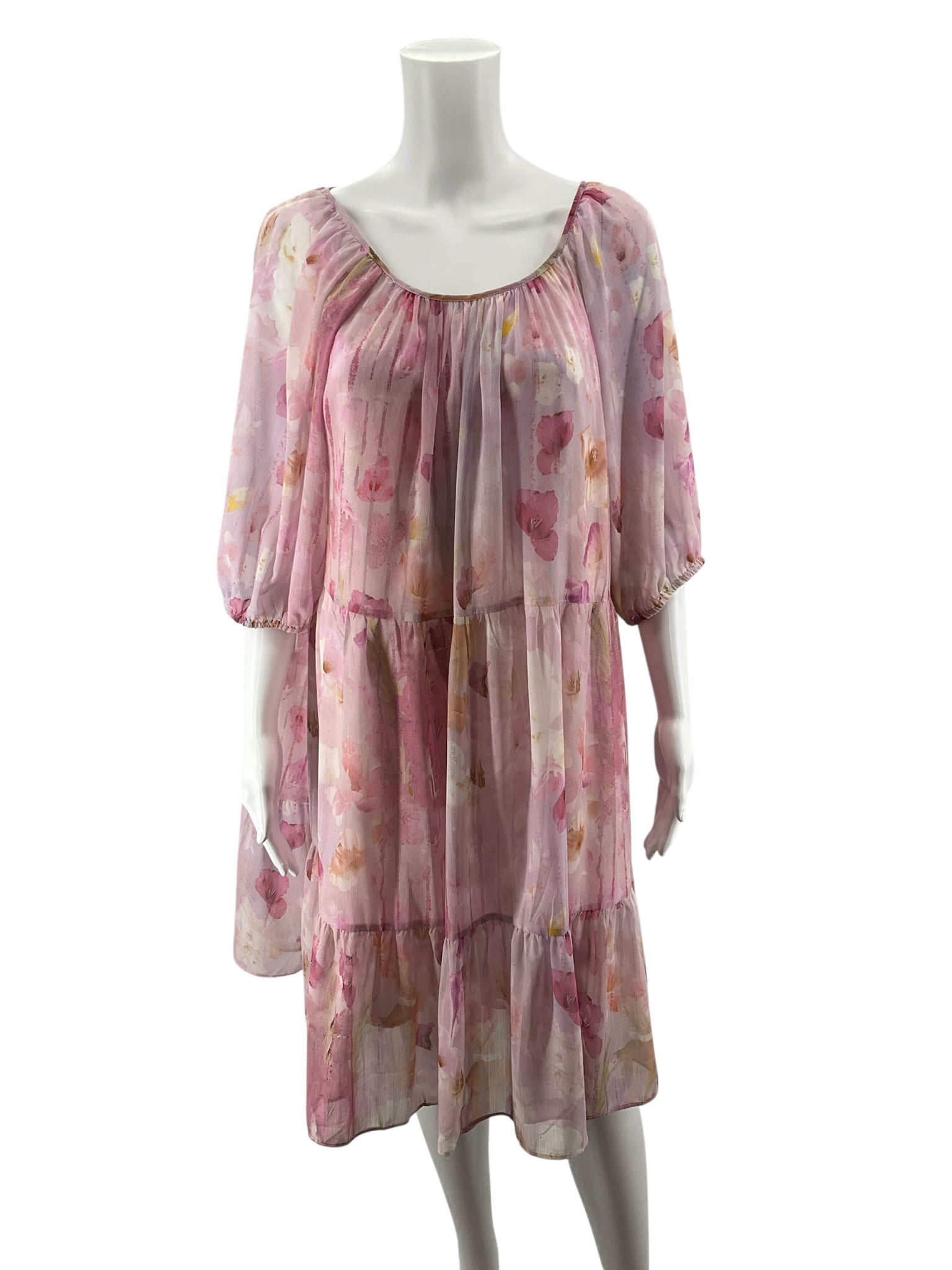 Melloday Pink Floral Tiered Puff Sleeve Midi Dress | Size Large