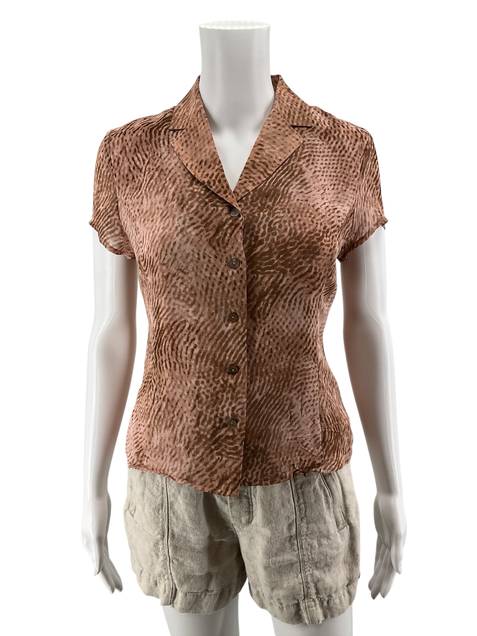 Kate Hill Petites Silk Animal Print Short Sleeve Button Up Blouse Top Size 2P