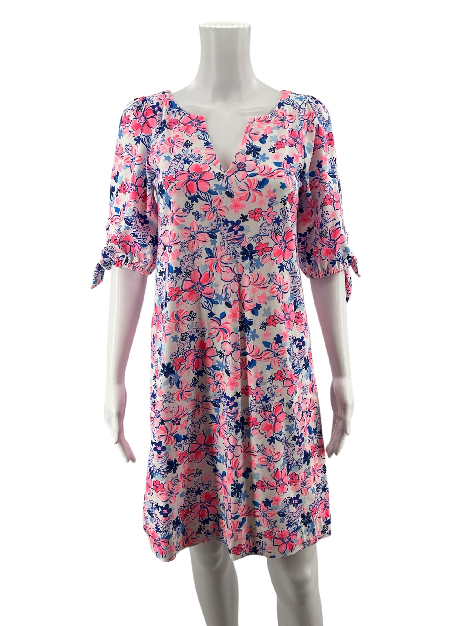 Lilly Pulitzer White/Coral/Blue Floral Pre-Owned Ladies Dress - Size XS