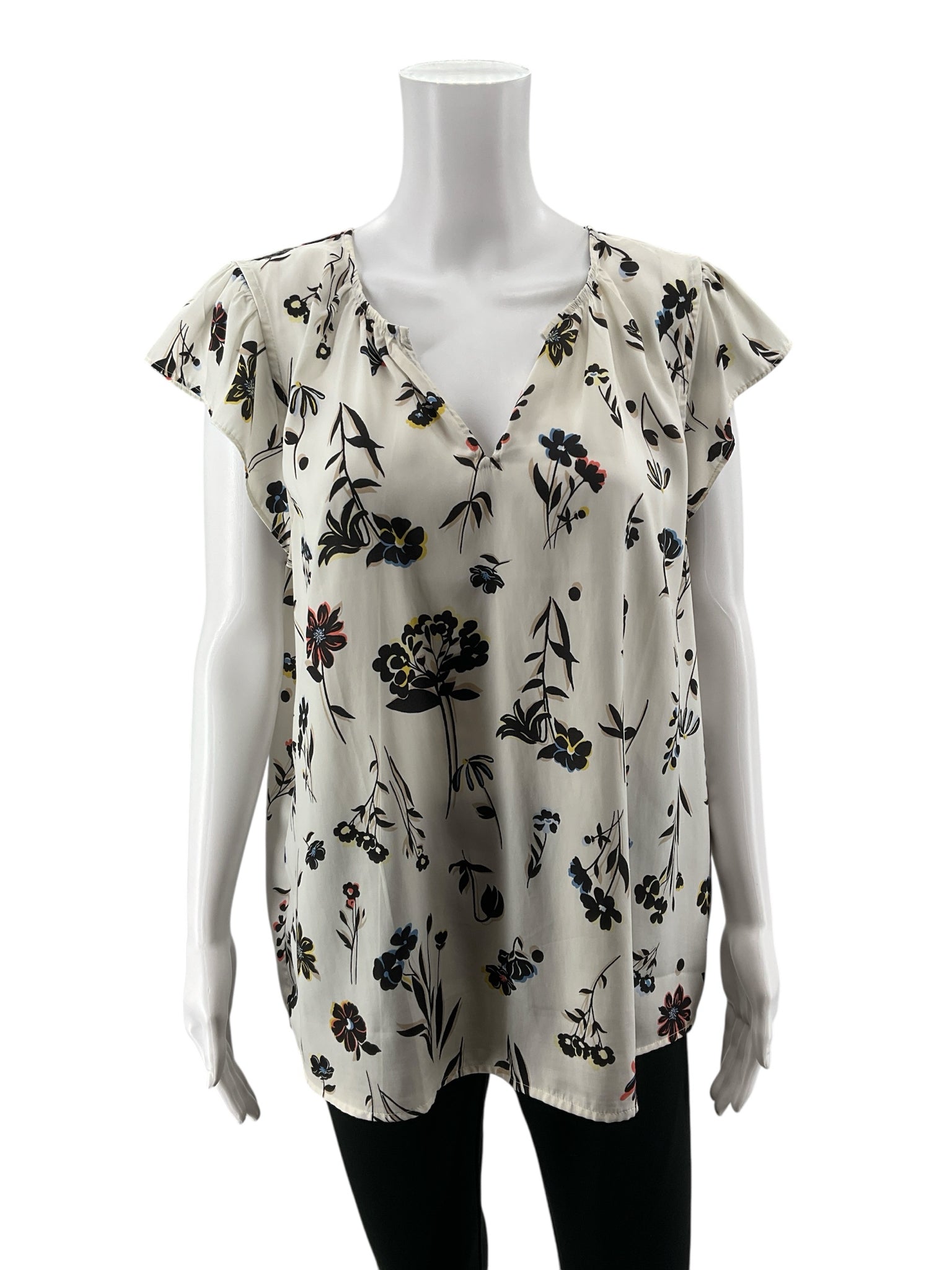 Ann Taylor white/black Cap Sleeve Floral Flutter Cap Sleeve Swing Blouse Top XL Ivory Black - Size XL