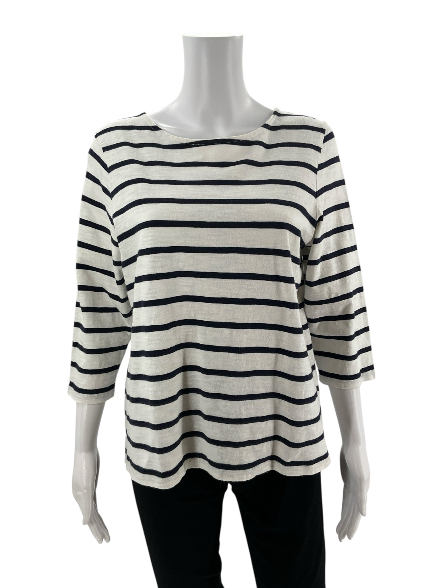 Talbots white and navy stripe boatneck top for ladies, size large petite, featuring a classic nautical design.