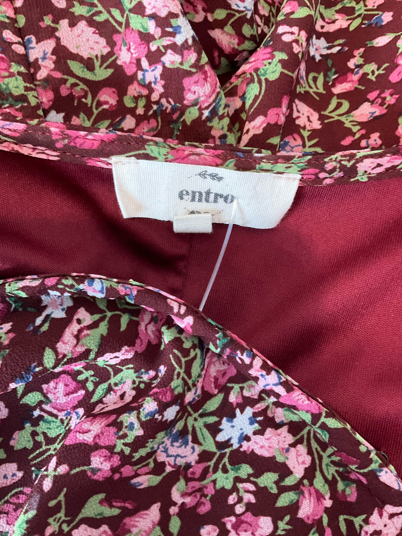 Entro Floral Flutter Sleeve Midi Dress Burgundy V-Neck Size Small