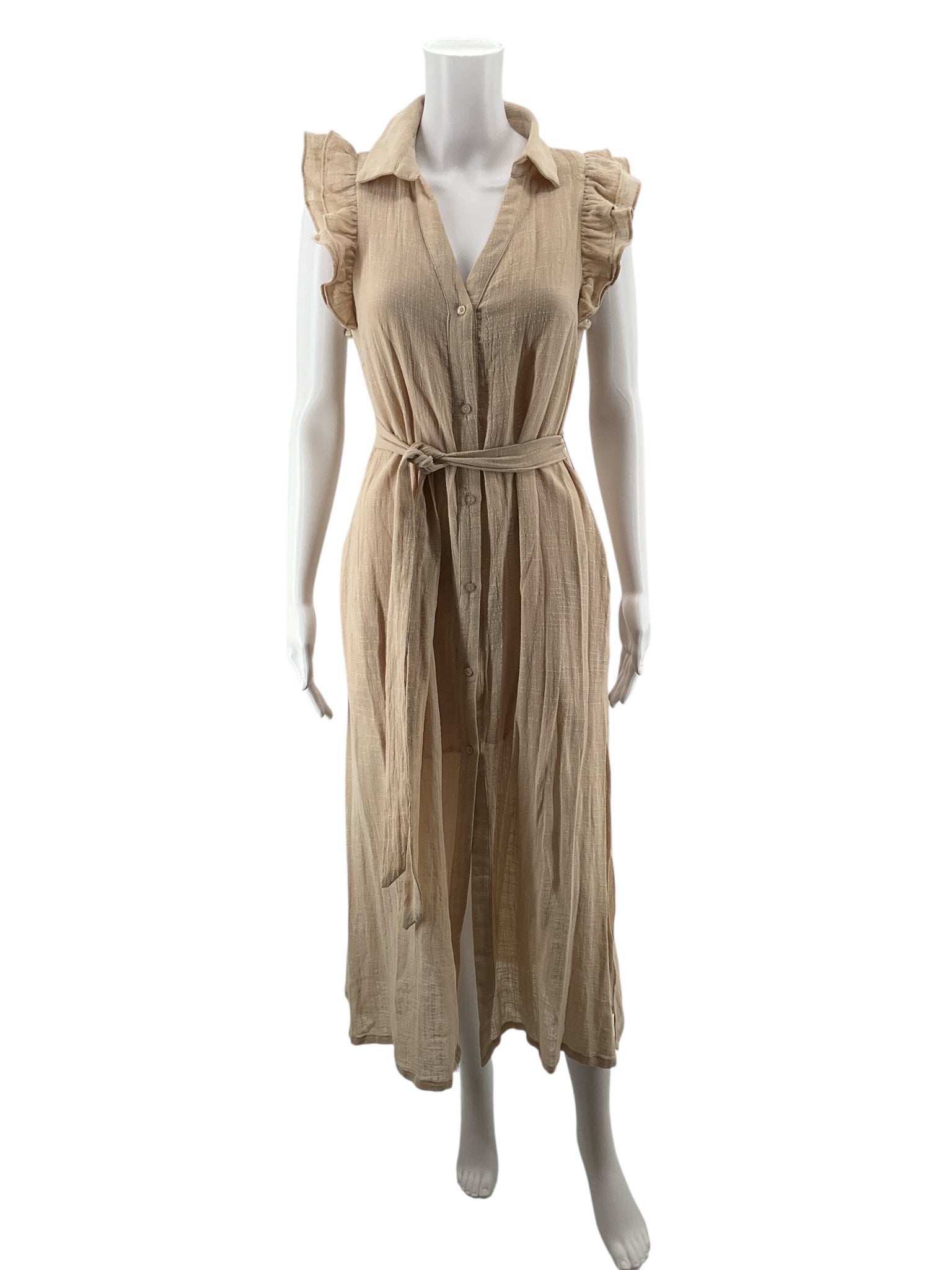 Fate Tan Maxi Tan Cotton Gauze Ruffle Sleeve Button Front Maxi Dress Size Small - Size S