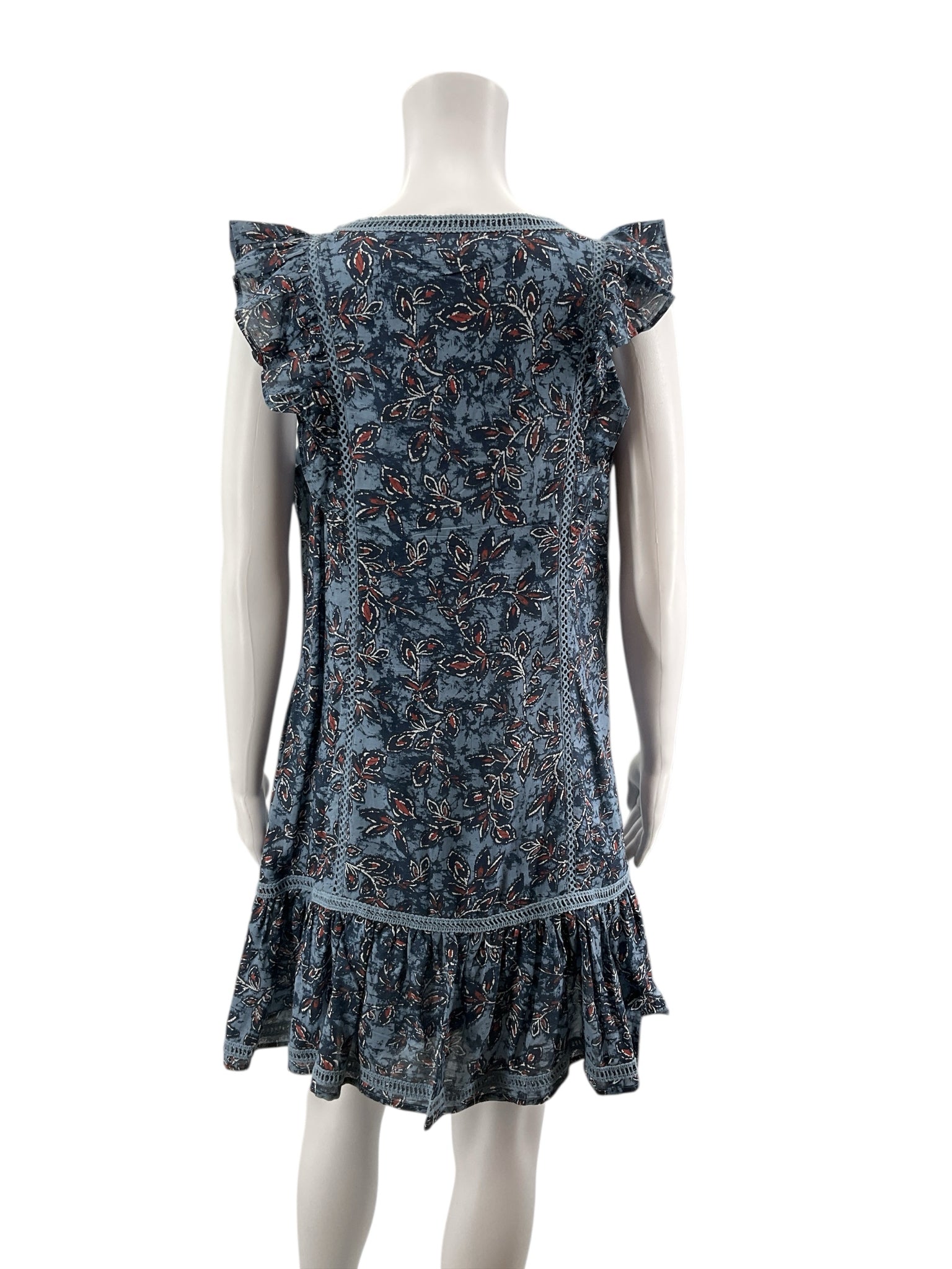 Lucky Brand Blue/rust Floral Boho Floral Crochet Trim V-Neck Mini Dress Size Small - Size S