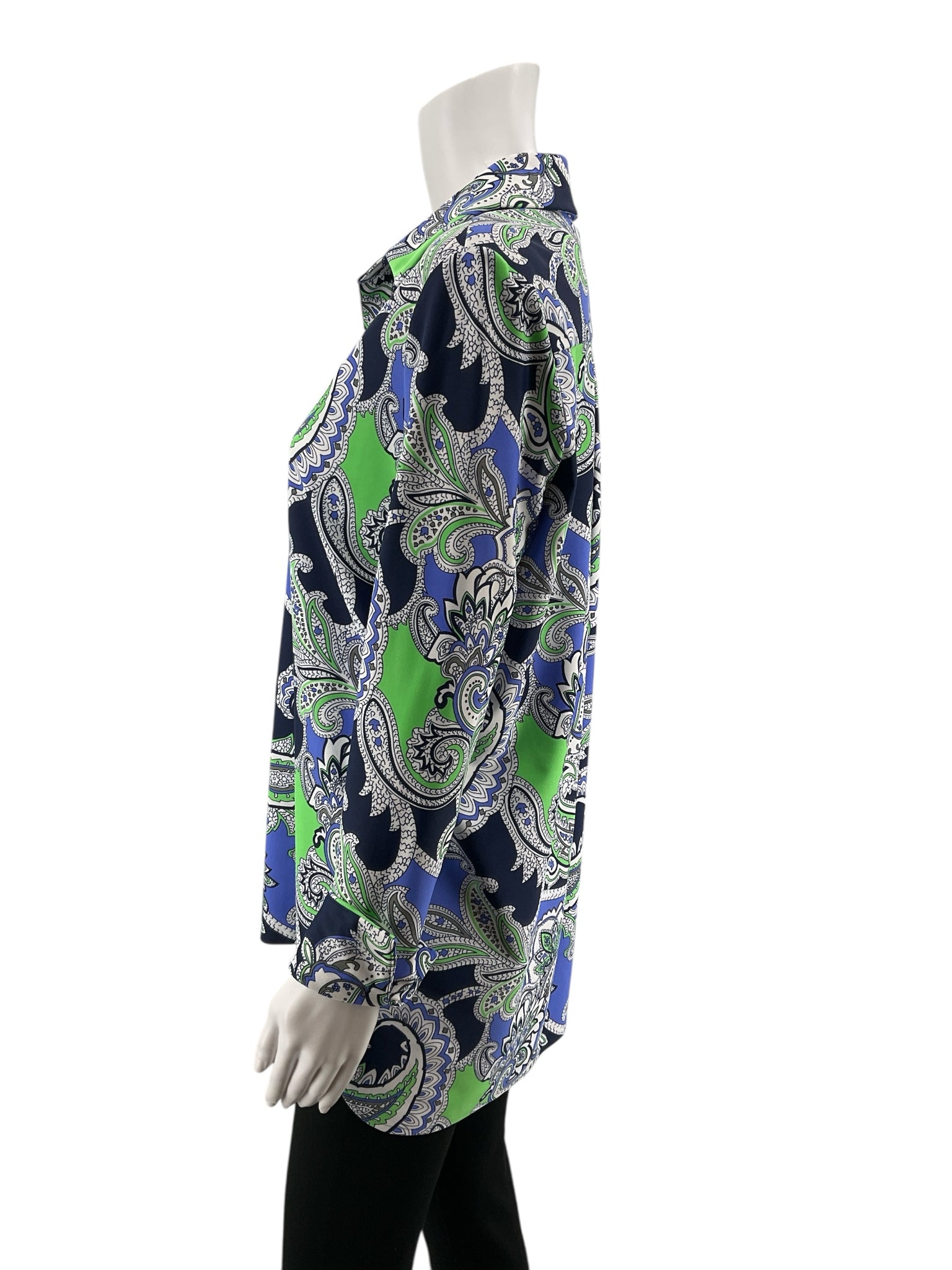 Jude Connally Trixie Tunic Top M Blue Green Paisley Roll Tab Sleeve Pre-Owned