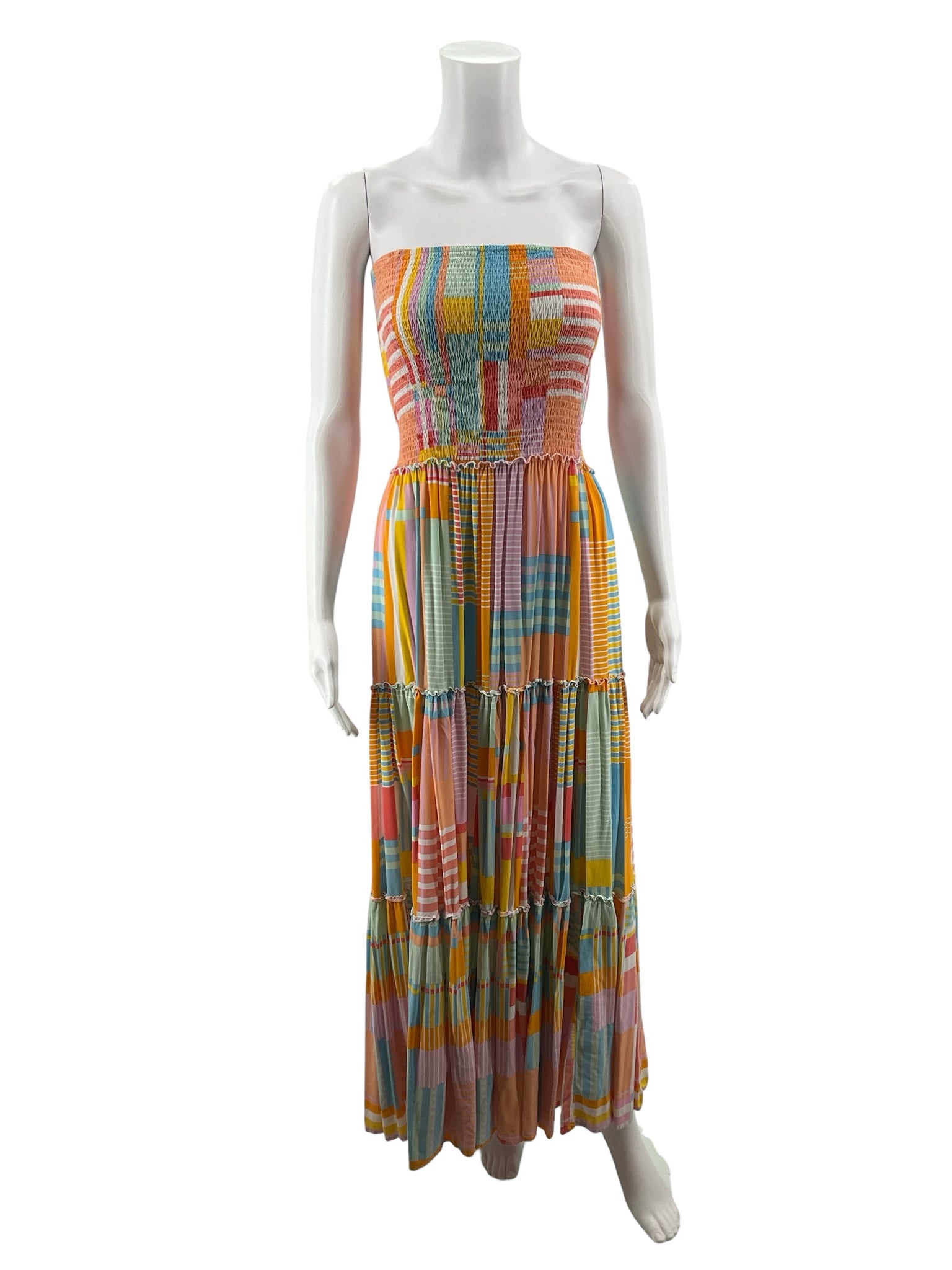 Abel the Label Multi Color Maxi Patchwork Tiered Strapless Maxi Dress Size Medium - Size M