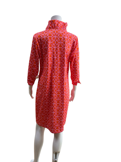 Gretchen Scott Ruffle Neck Dress Size Large Tangerine Groove Geometric Print