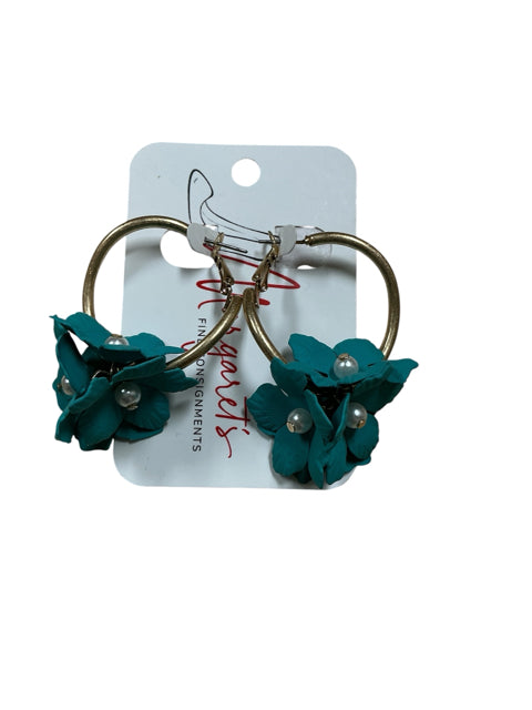 Teal Floral Pearl Gold-Tone Hoop Drop Earrings