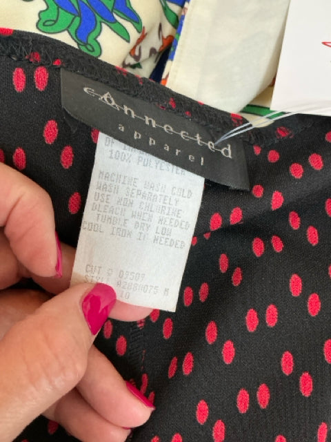 Connected Apparel Faux Wrap Dress Black Red Dot Ruffle Trim Size 10