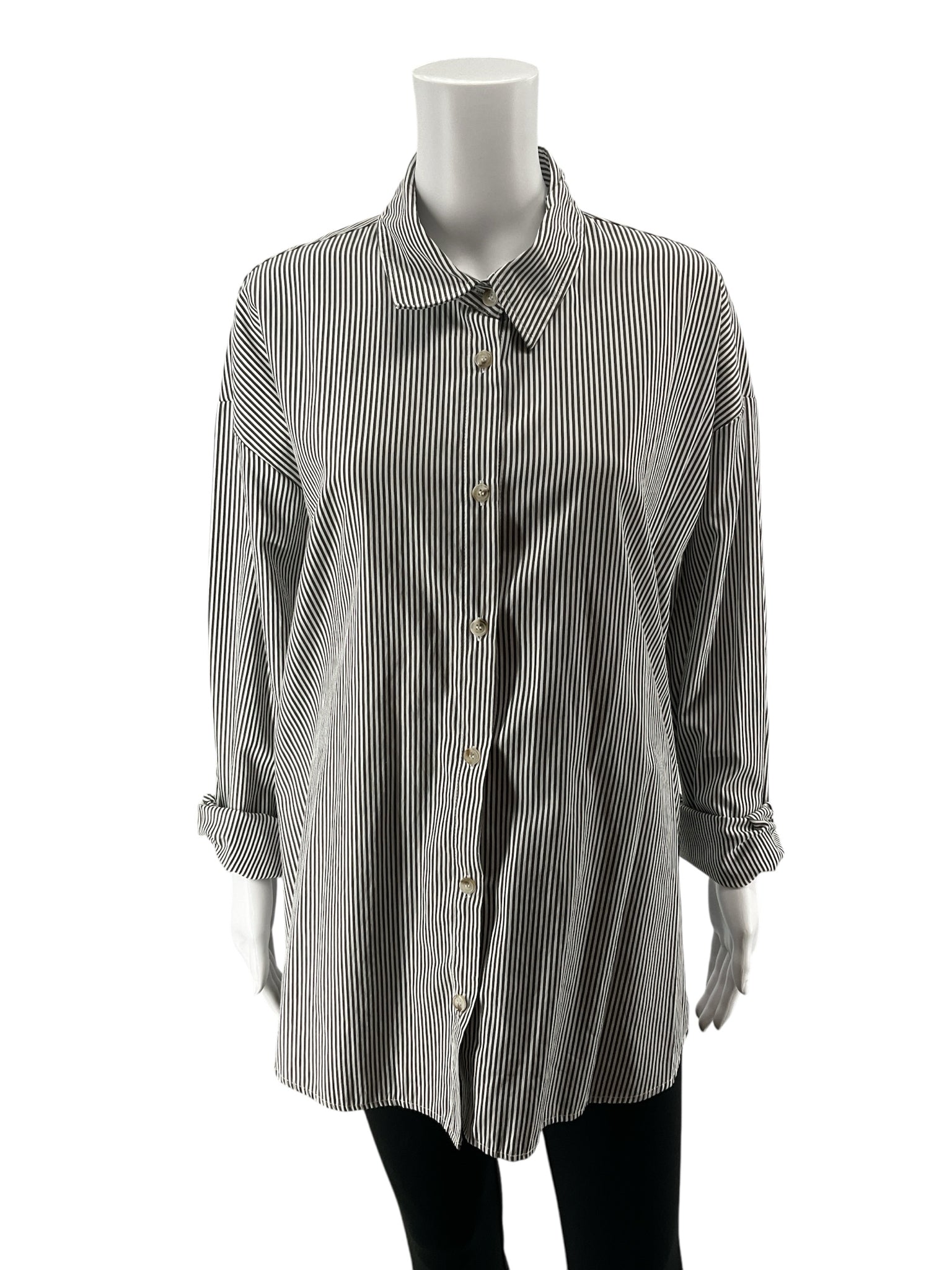 COSCOS White & Black Pinstripe Longline Button-Up Shirt | Size XL