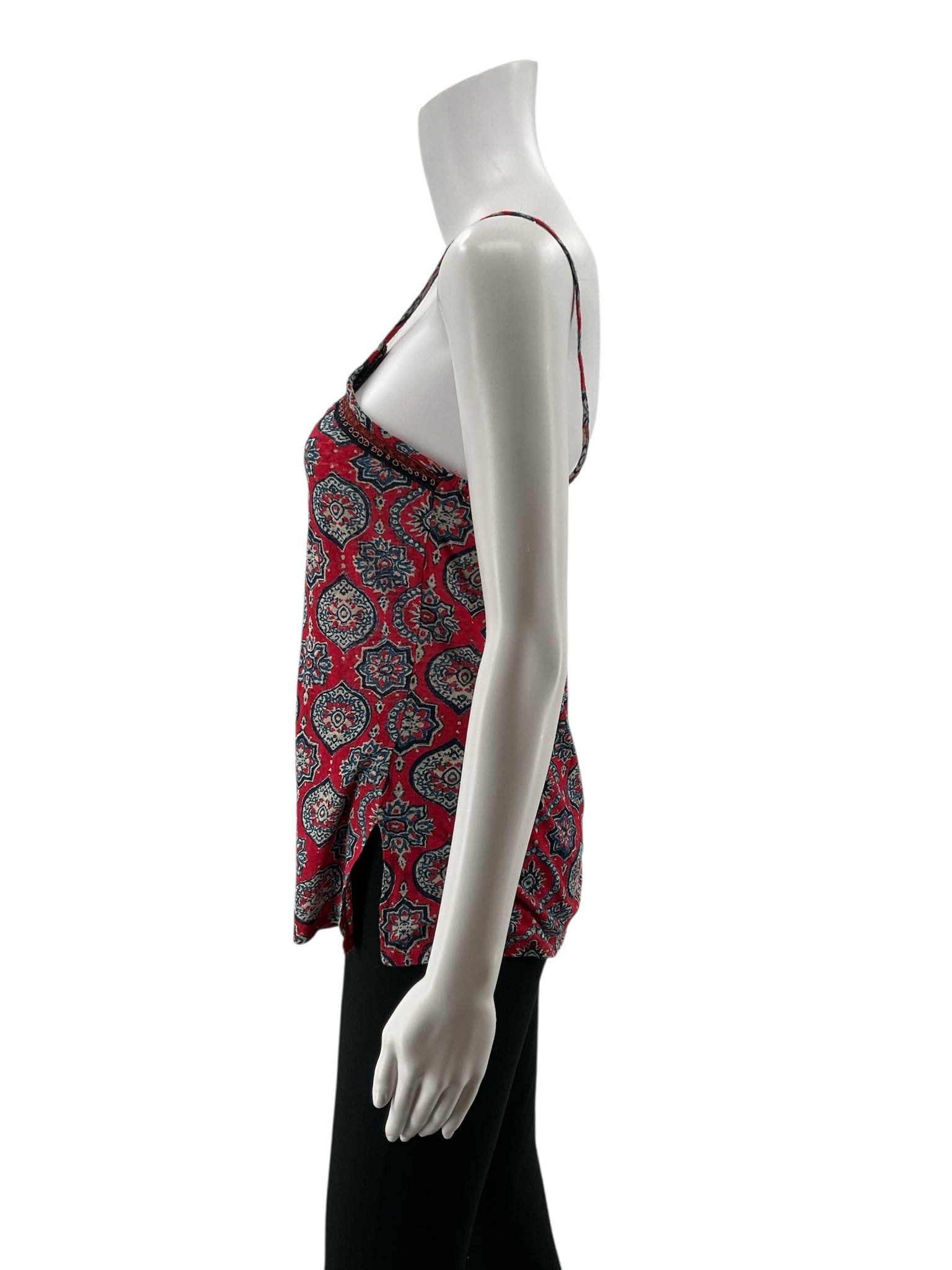 Lucky Brand XS Red & Navy Medallion Print Boho Embroidered Cami Top