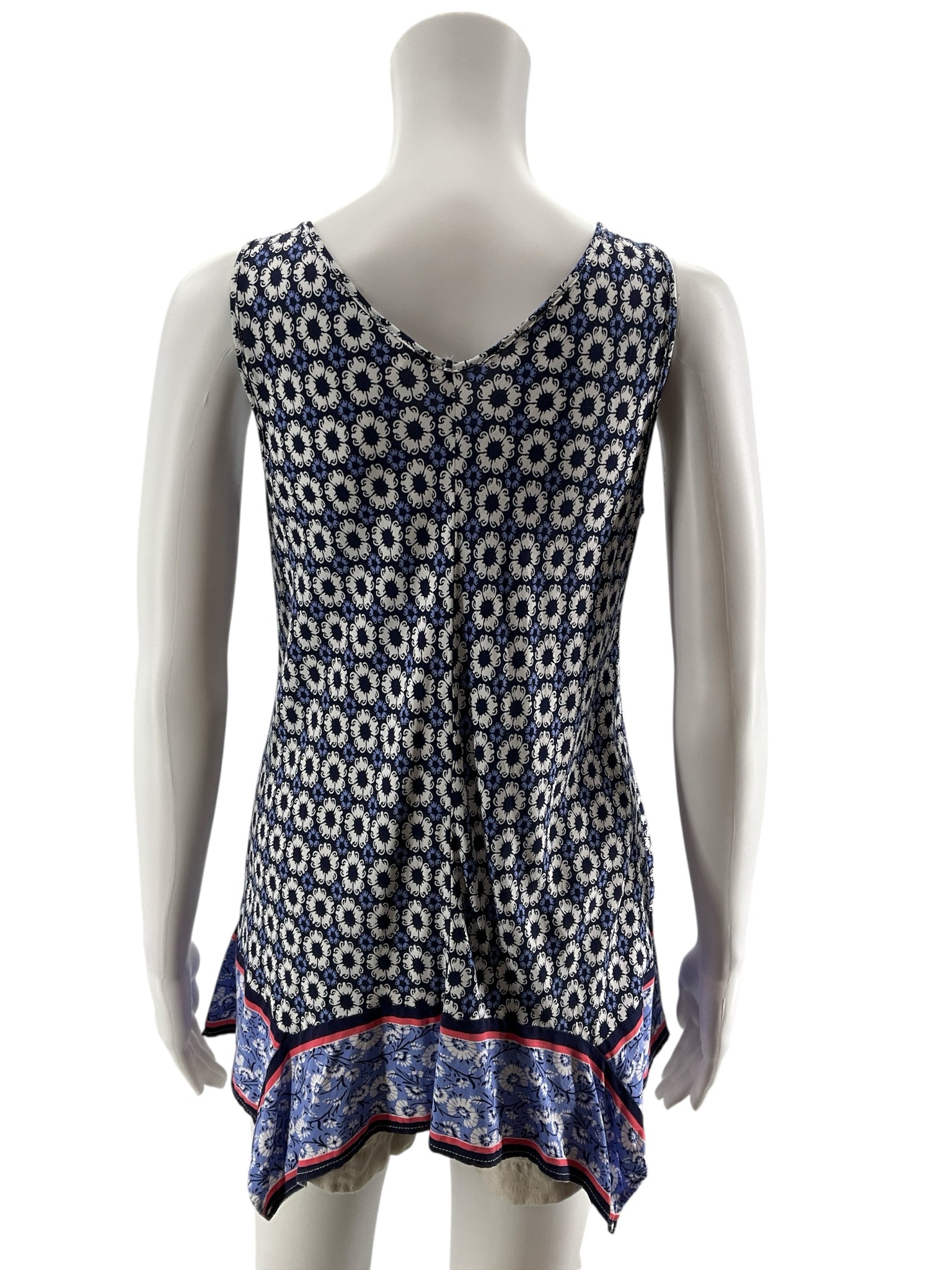 Tribal Medallion Print Handkerchief Hem Tank Top Blue White PS