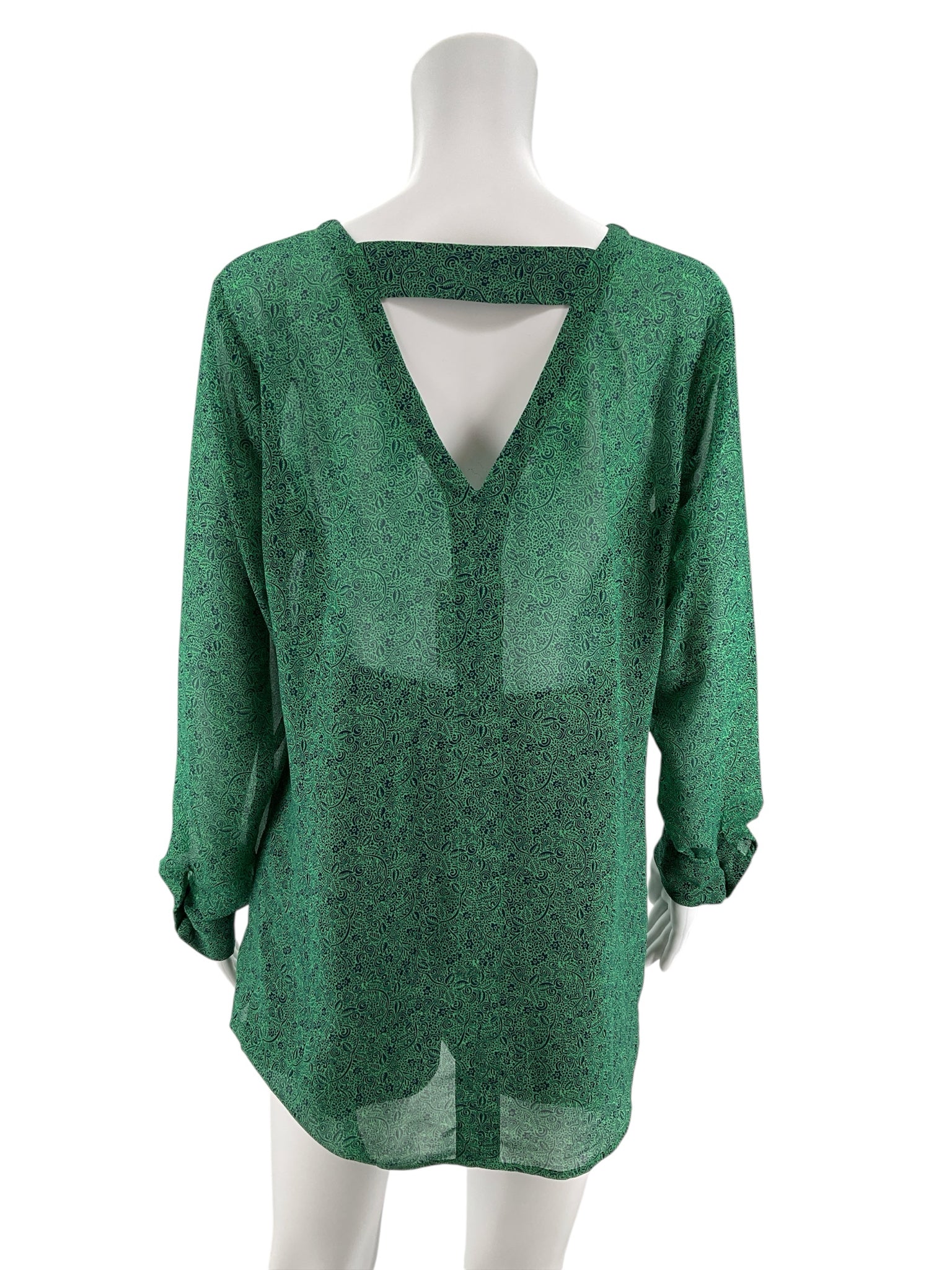 cabi Whistle Blouse Emerald Paisley V-Neck Sheer Top Green Navy Size Medium