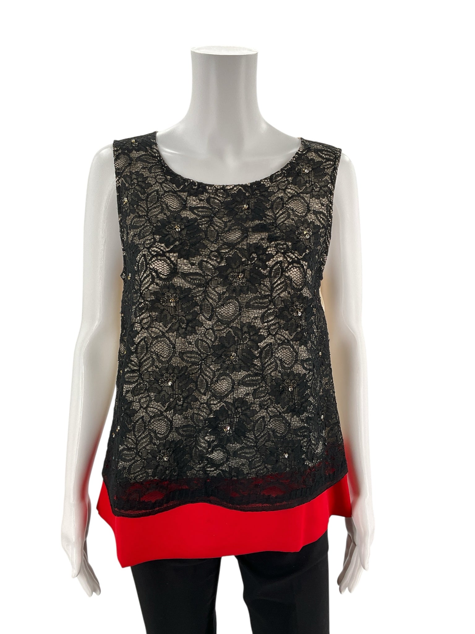 Ann Taylor Black Floral Lace Sequin Top Red Hem Size 6