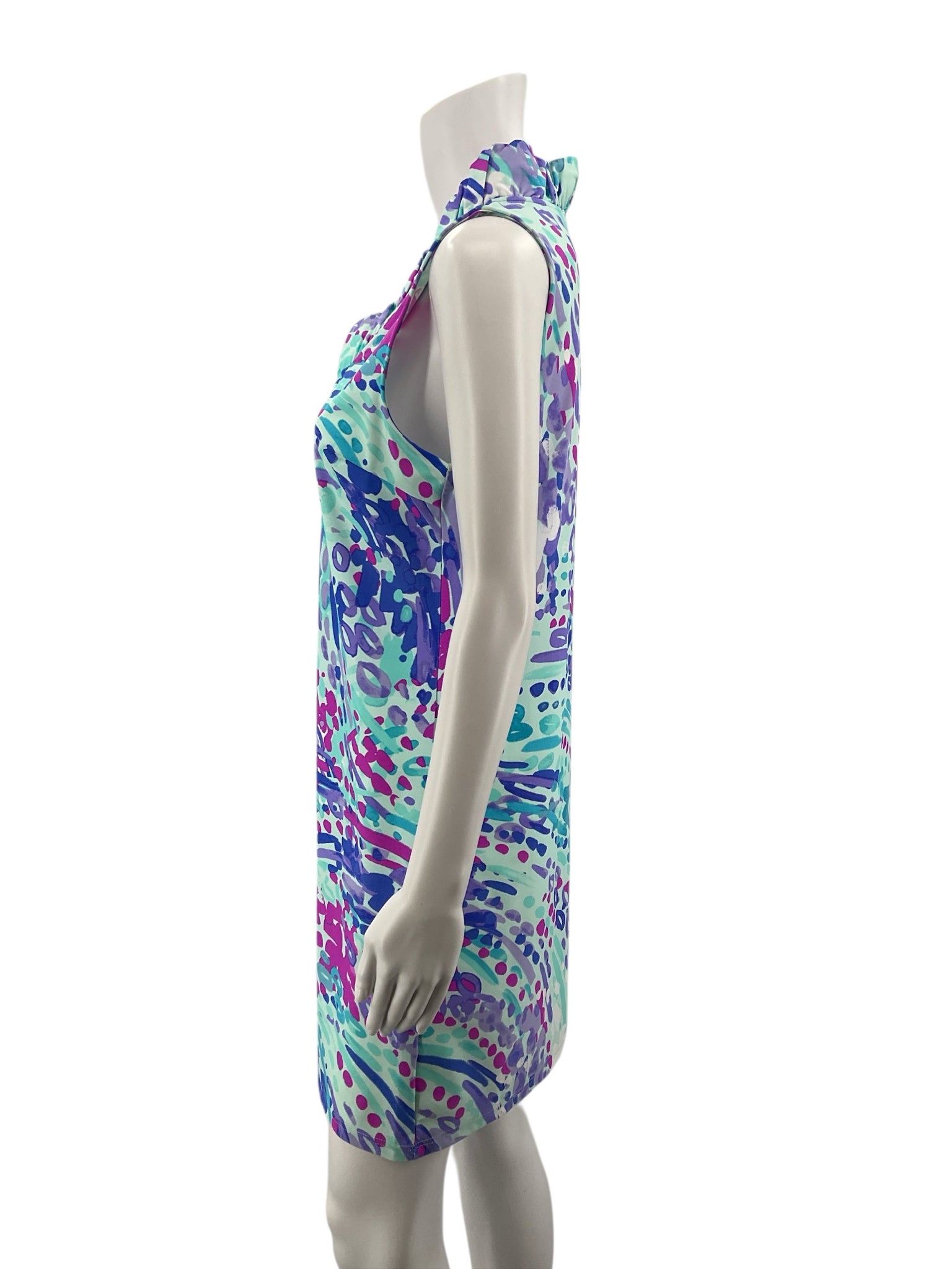 Aryeh Aqua/Purple Sleeveless Aqua/Purple Print Pre-Owned Ladies Dress - Size Small - Size S