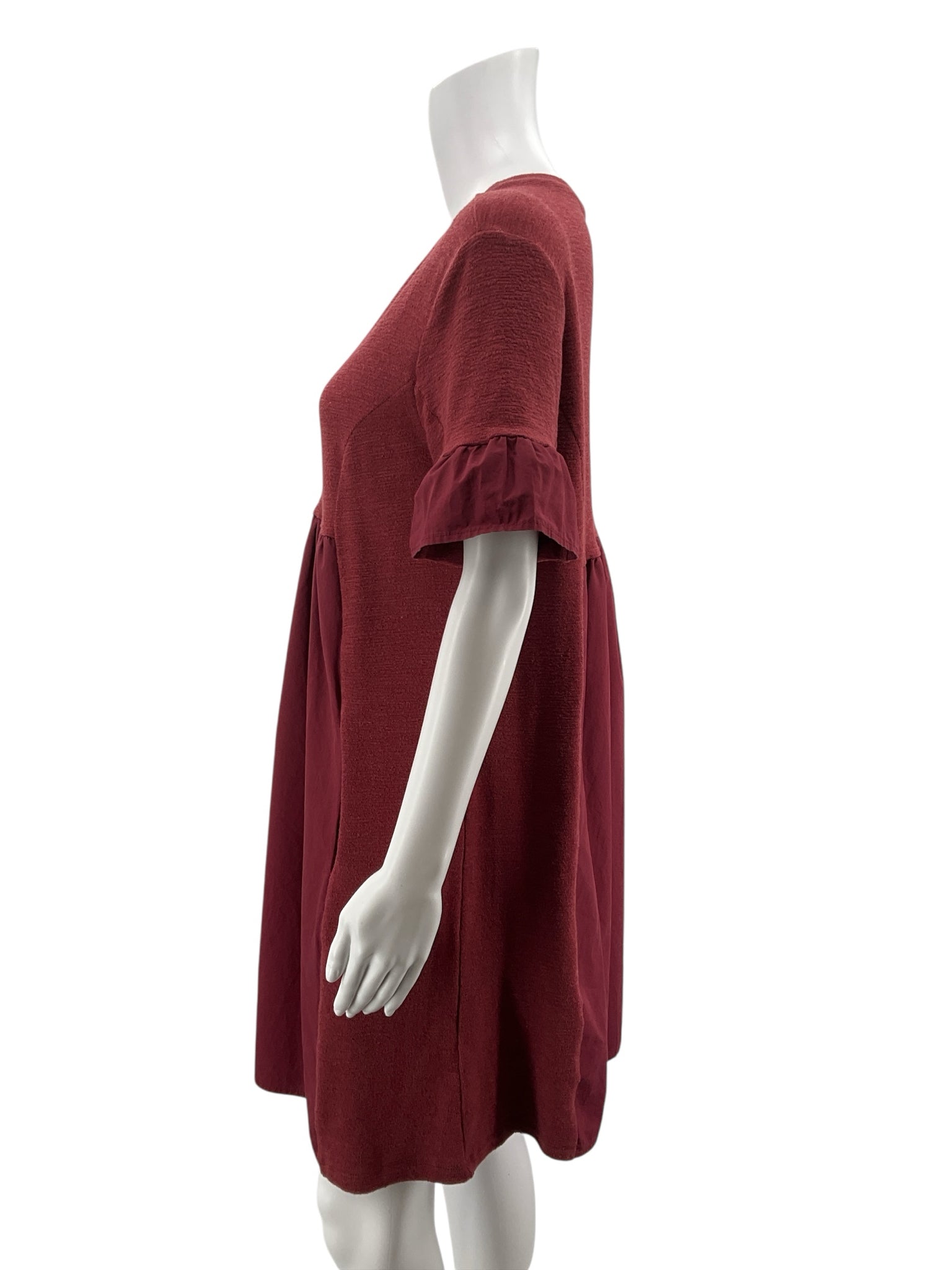 English Factory Brick Red Textured Babydoll Ruffle Sleeve Mini Dress
