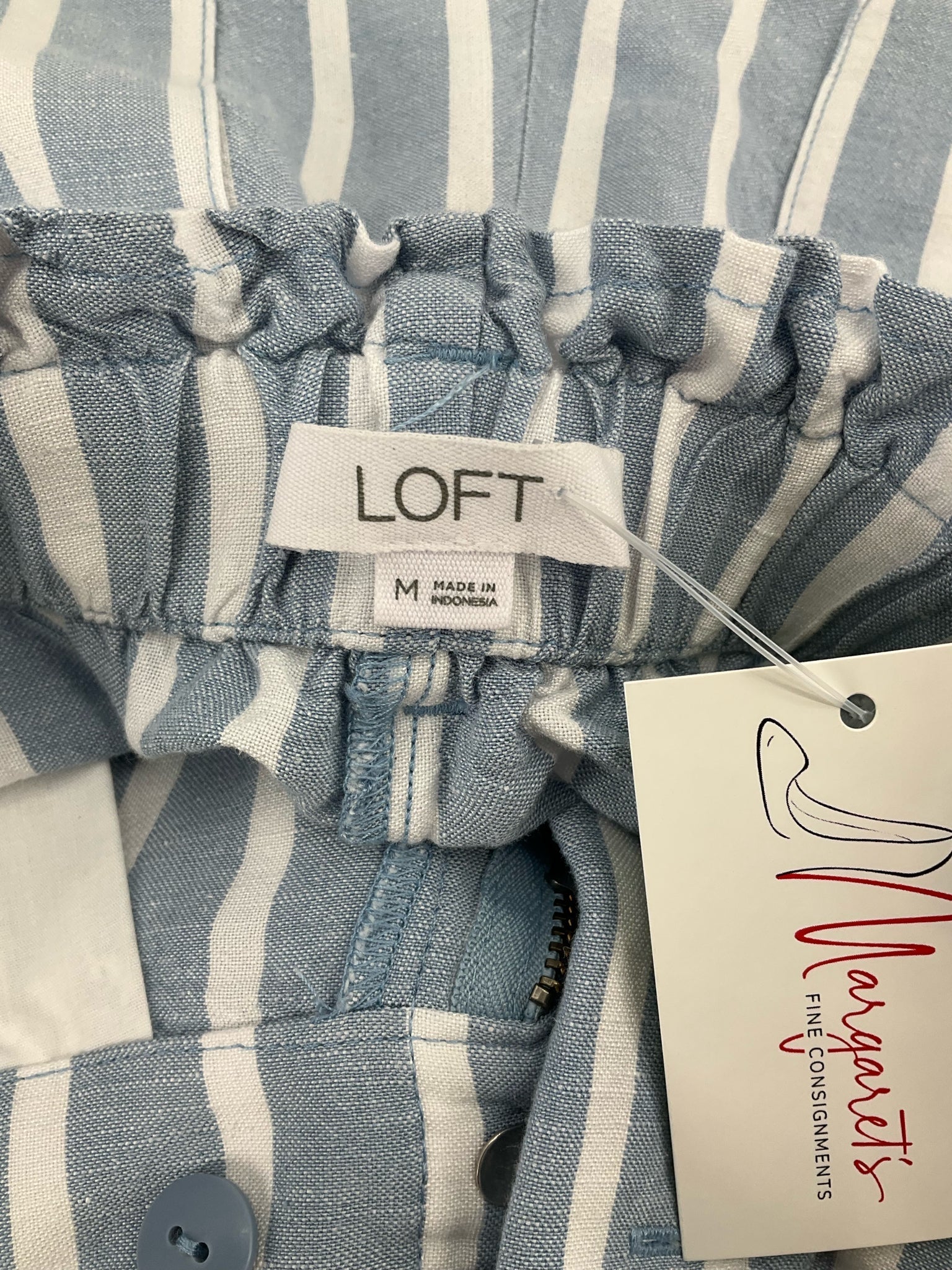 Loft blue and white striped high waist paper bag shorts for women in size medium, perfect for casual summer wear.