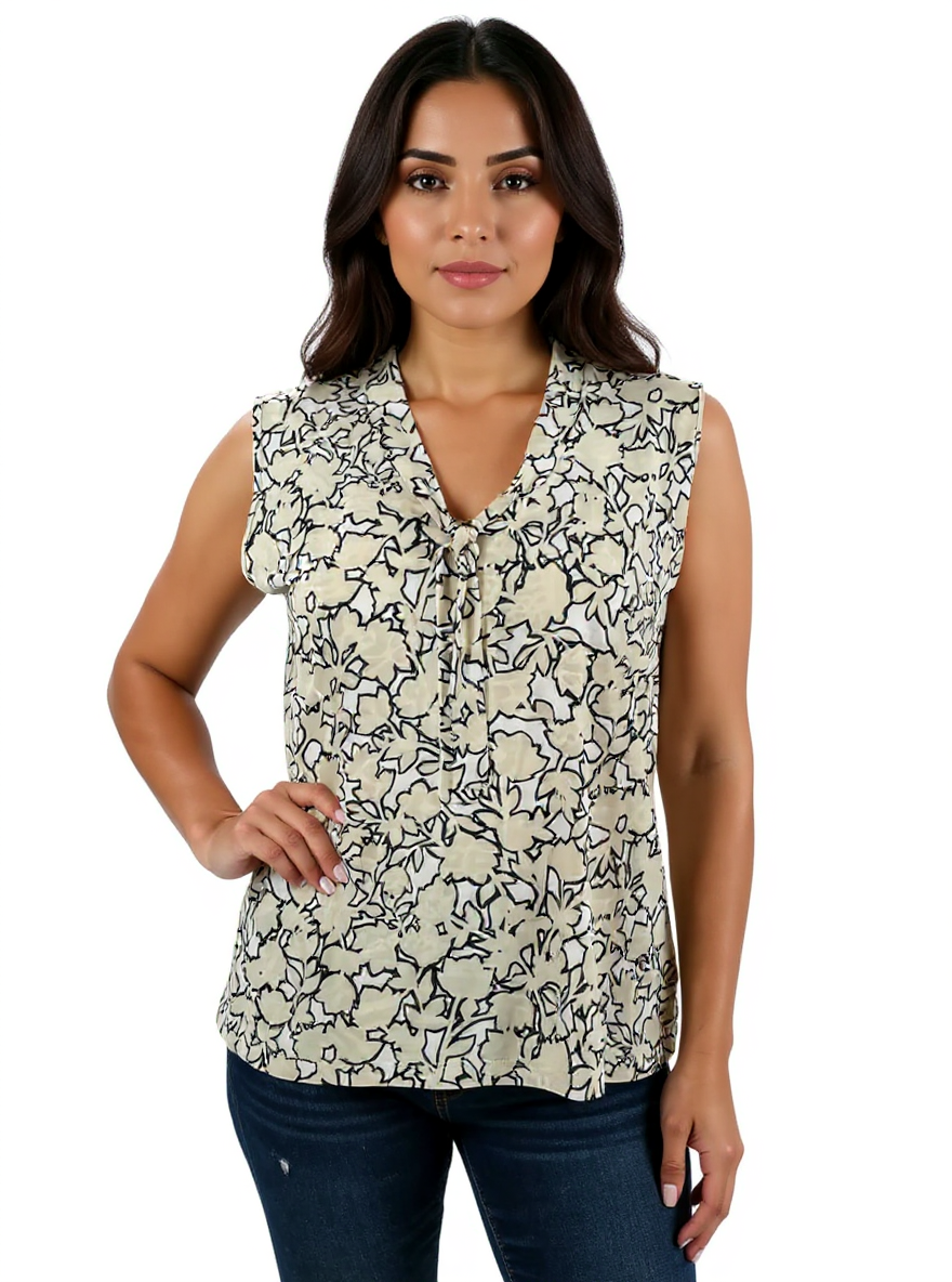 Jones New York Tan/White Print Pre-Owned Ladies Top - Size Petite Large - Margaret’s Fine Consignment
