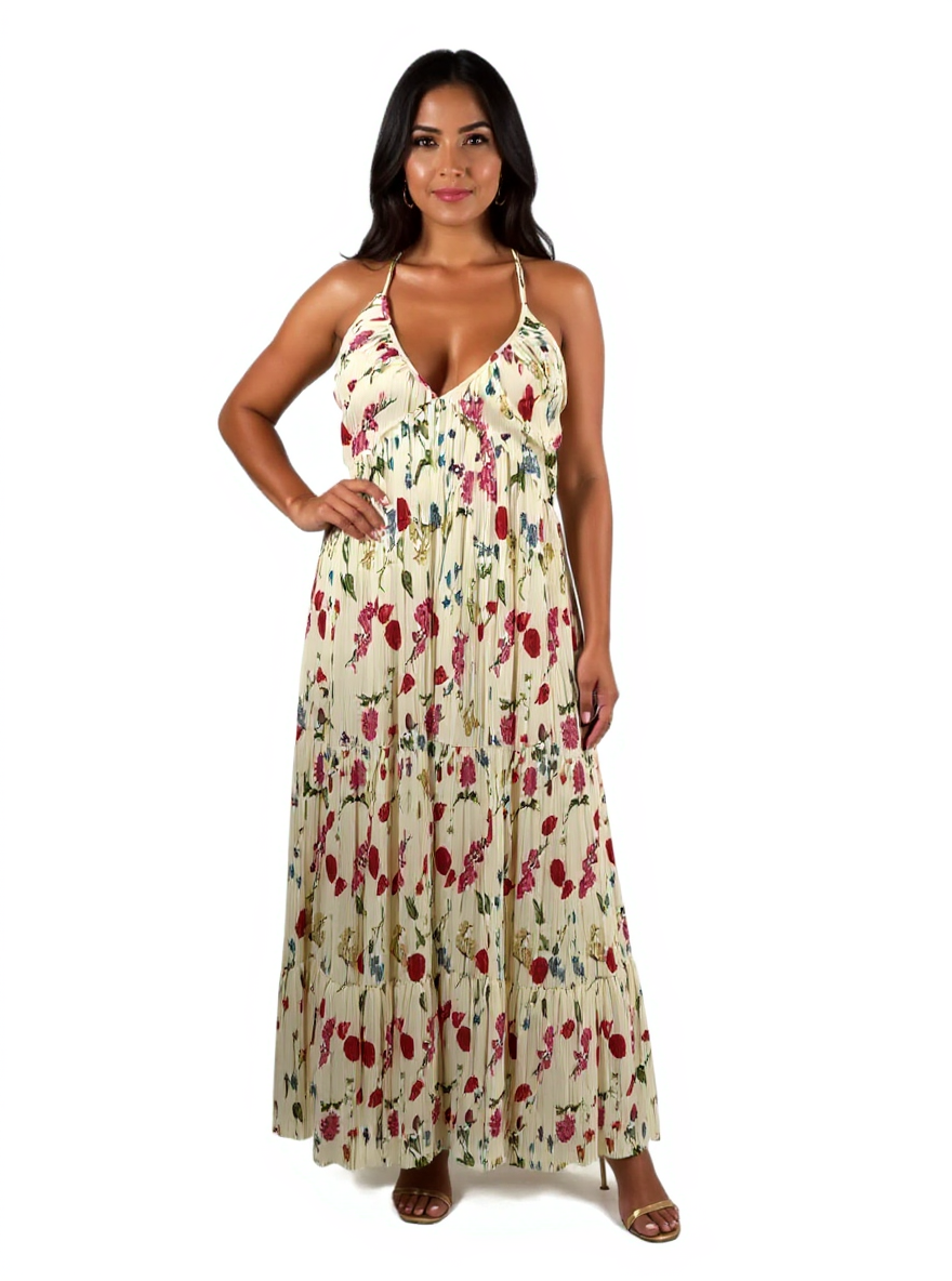 H&M cream floral maxi dress with pleated tiered skirt, halter neck, open back, and A-line silhouette in size large.