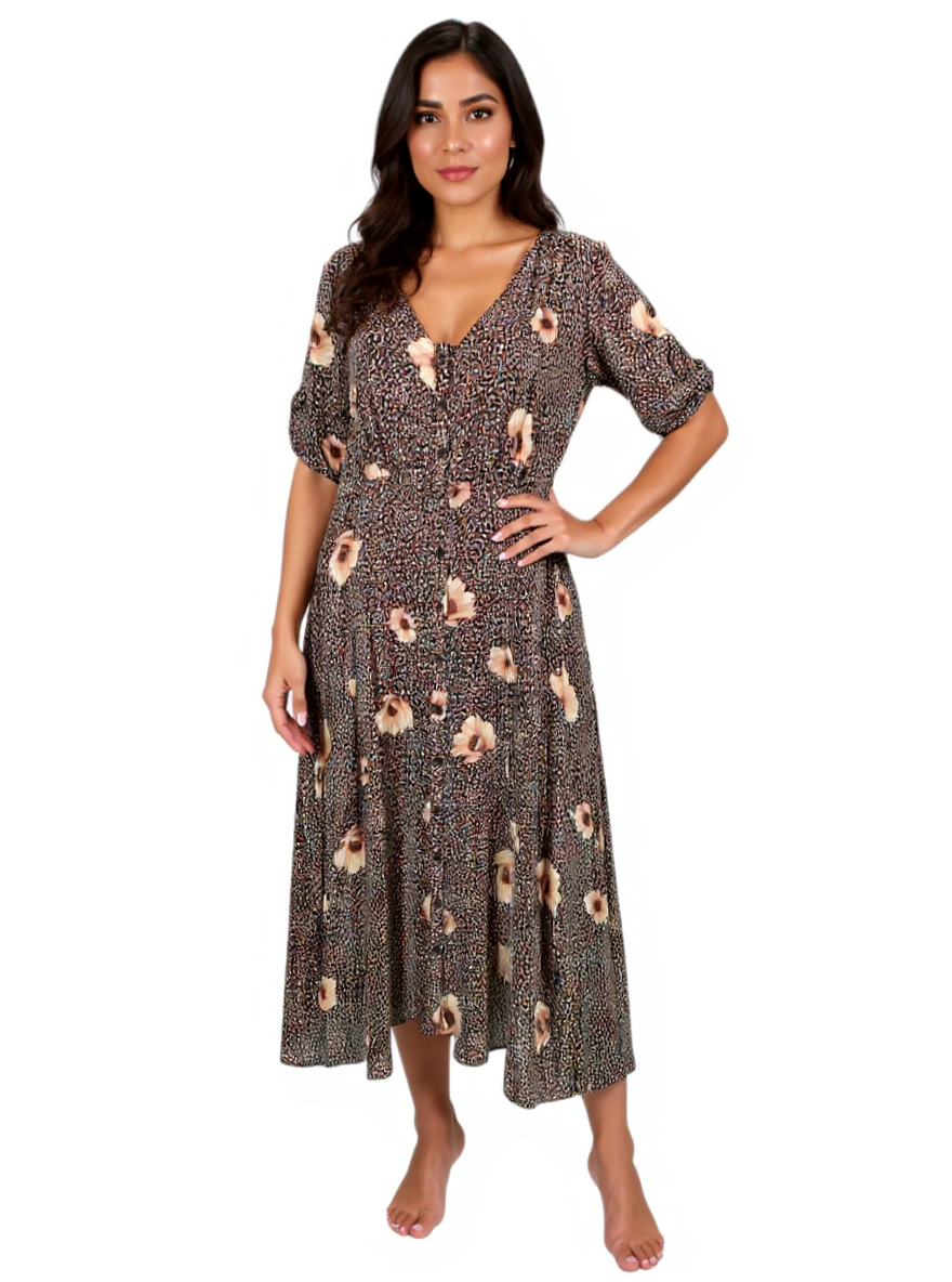 H&M floral maxi dress in size 12, featuring a vibrant pattern and flowing design, suitable for casual or formal occasions.