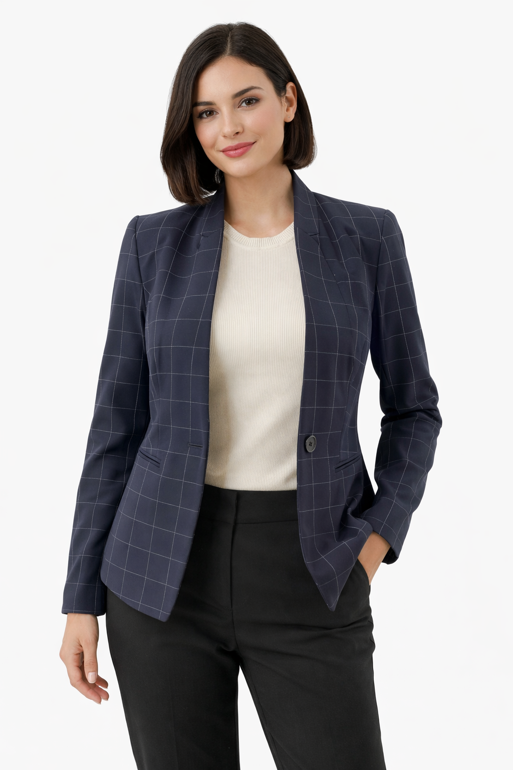 Ann Taylor Navy/White Checkered Pre-Owned Ladies Blazer - Size 00 Petite