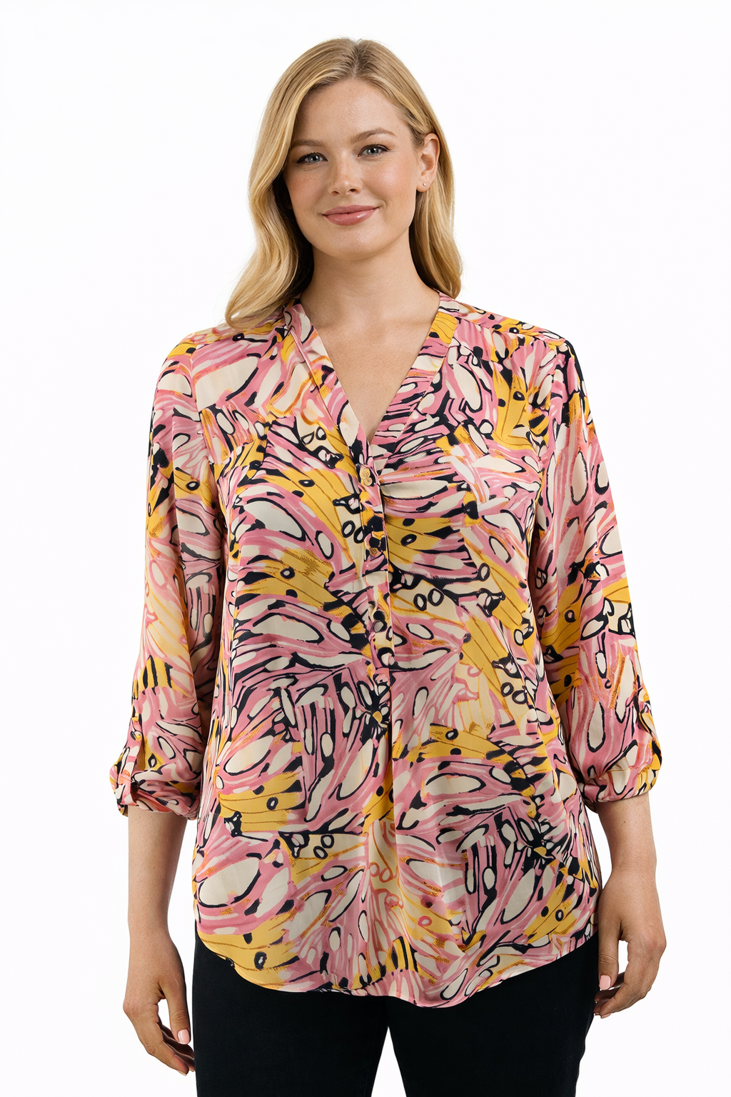 JM Collection Pink/Yellow Print Pre-Owned Ladies Top - Size Medium Petite