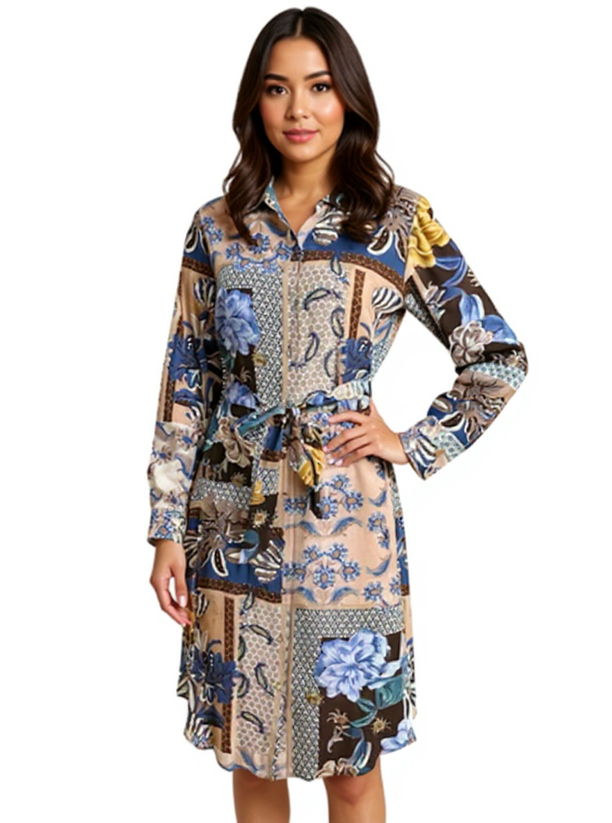 Talbots Patchwork Floral Shirt Dress NWT in size 6, featuring blue and brown tones with a tie waist and collared neckline, modeled front view.