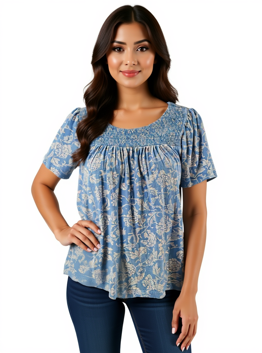 Lucky Brand Blue/White Floral Pre-Owned Ladies Top - Size Small Petite