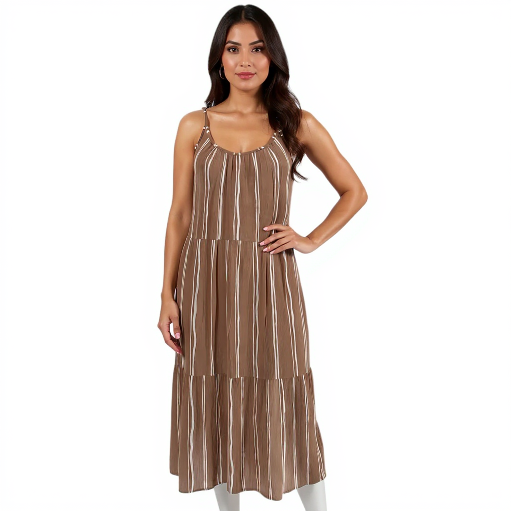 Loft tan and white striped ladies maxi dress, size small, flowing design with a relaxed fit and elegant style.