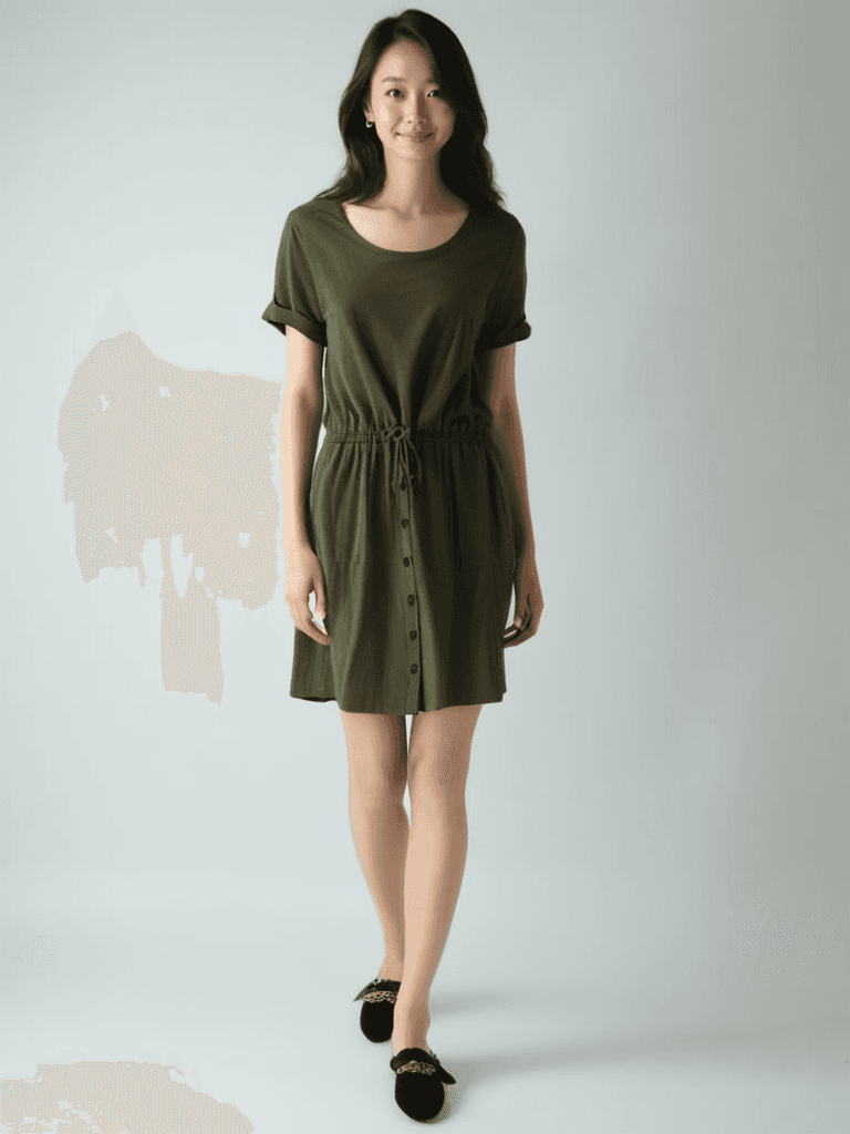 J Jill Dress Size Small in army green styled on model with drawstring waist and button front, available at Margaret's Fine Consignments.