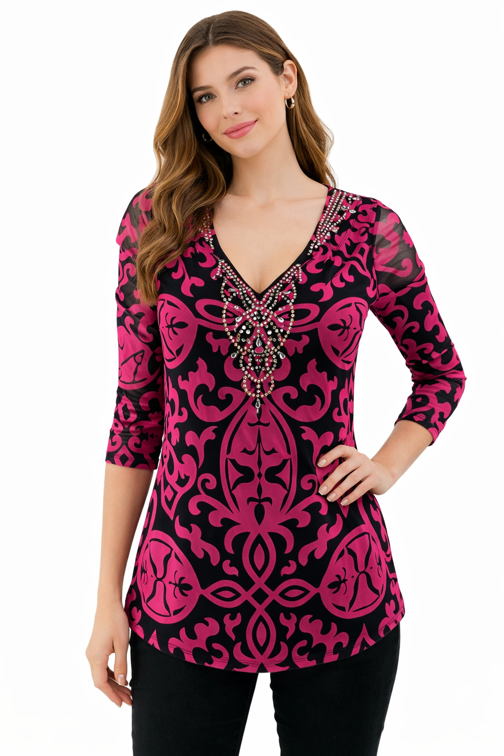 INC Pink/Black Print Pre-Owned Ladies Top - Size Petite