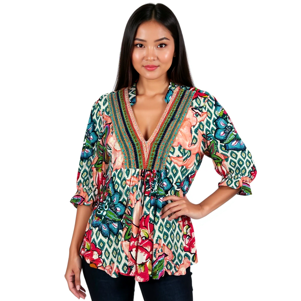 Pre-owned Blank London floral casual top in peach, blue, pink, and green, size large, featuring a vibrant design.