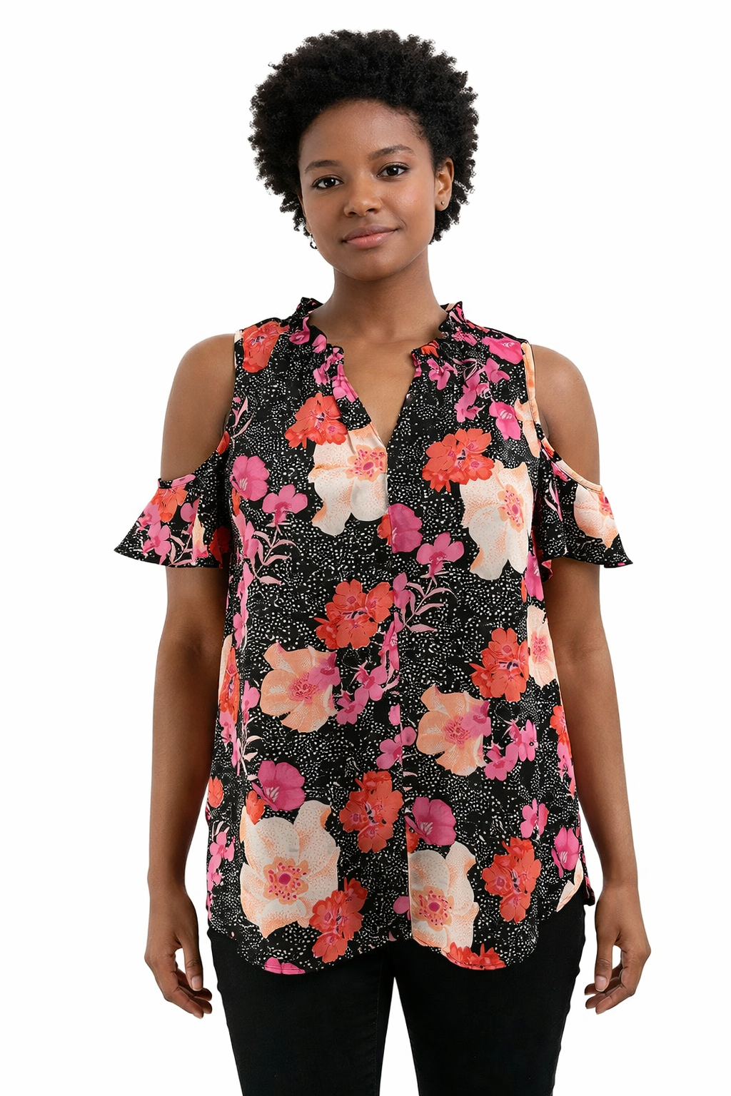 Charter Club Black/Pink/Orange Floral Pre-Owned Casual Top - Size Small Petite