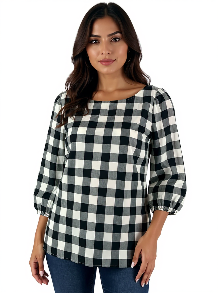 Talbots black and white checkered blouse with puff sleeves, size small, showcasing a preppy cottagecore style.