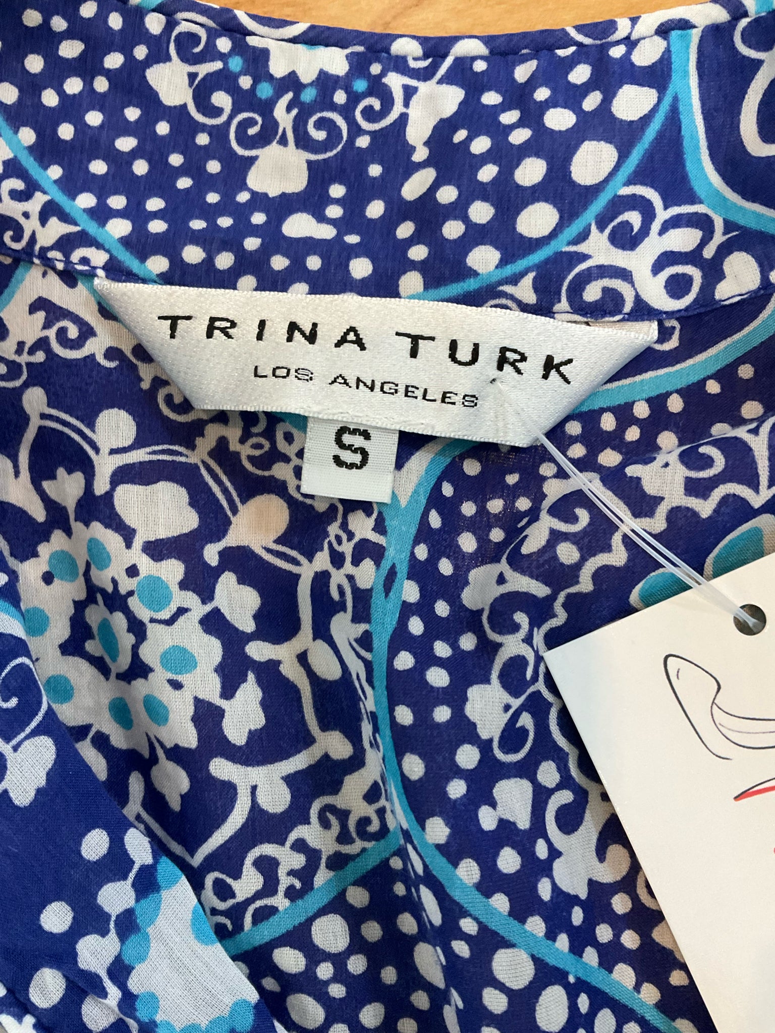 Trina Turk Fanciful Medallion Print Silk Cotton Blend Top Blue White Size Small