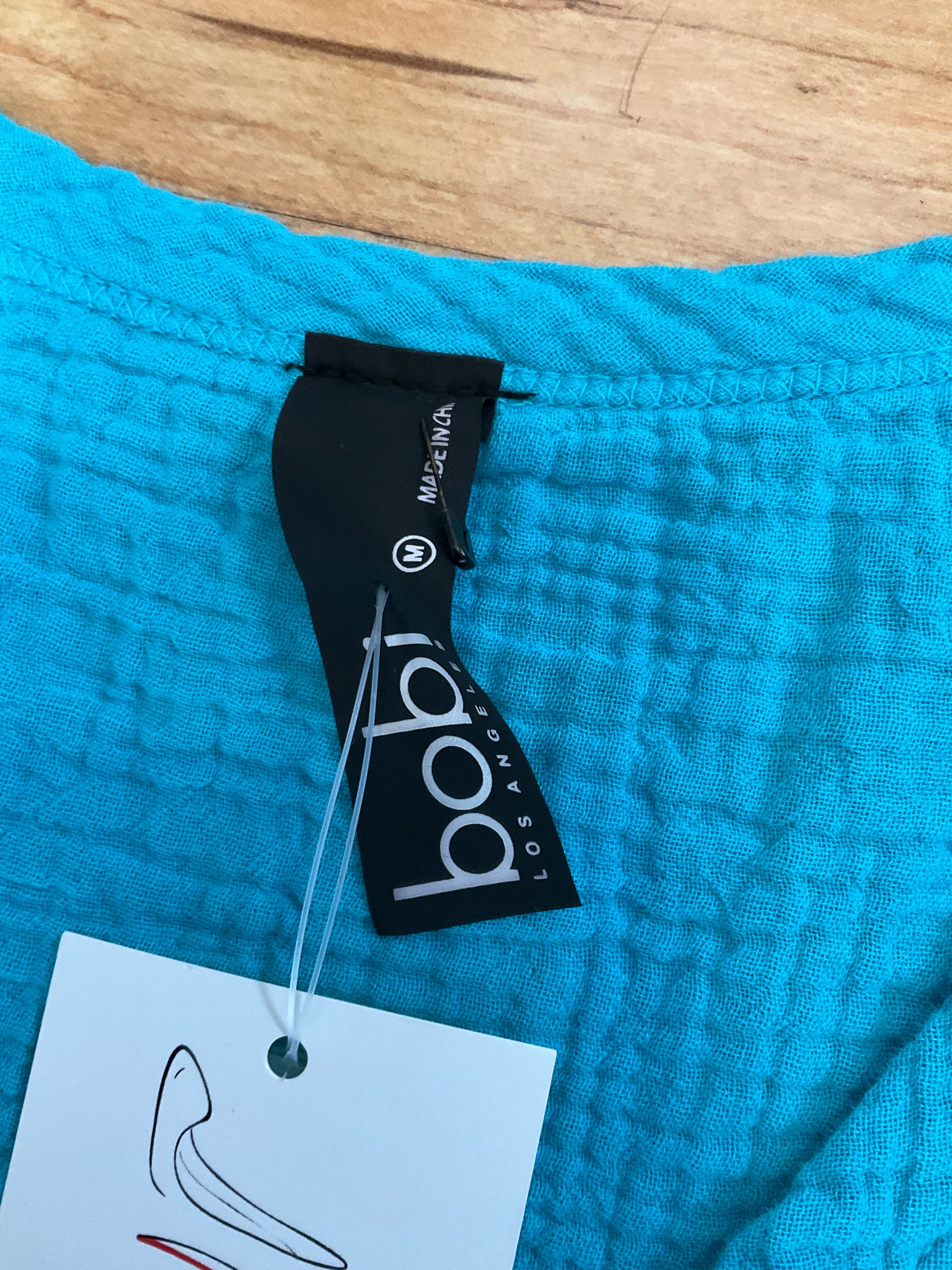 bobi Los Angeles Gauze V-Neck Tank Top Braided Trim Turquoise Medium